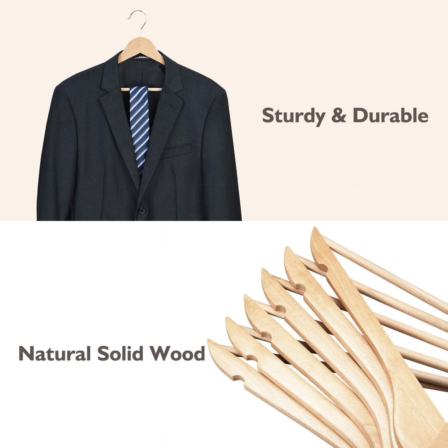 Wood Hangers 30 Pack, Non-Slip Wooden Hangers with 360° Swivel Hook & Notches, Slim Coat Hangers for Shirt, Suit, Jacket, Dress, Natural