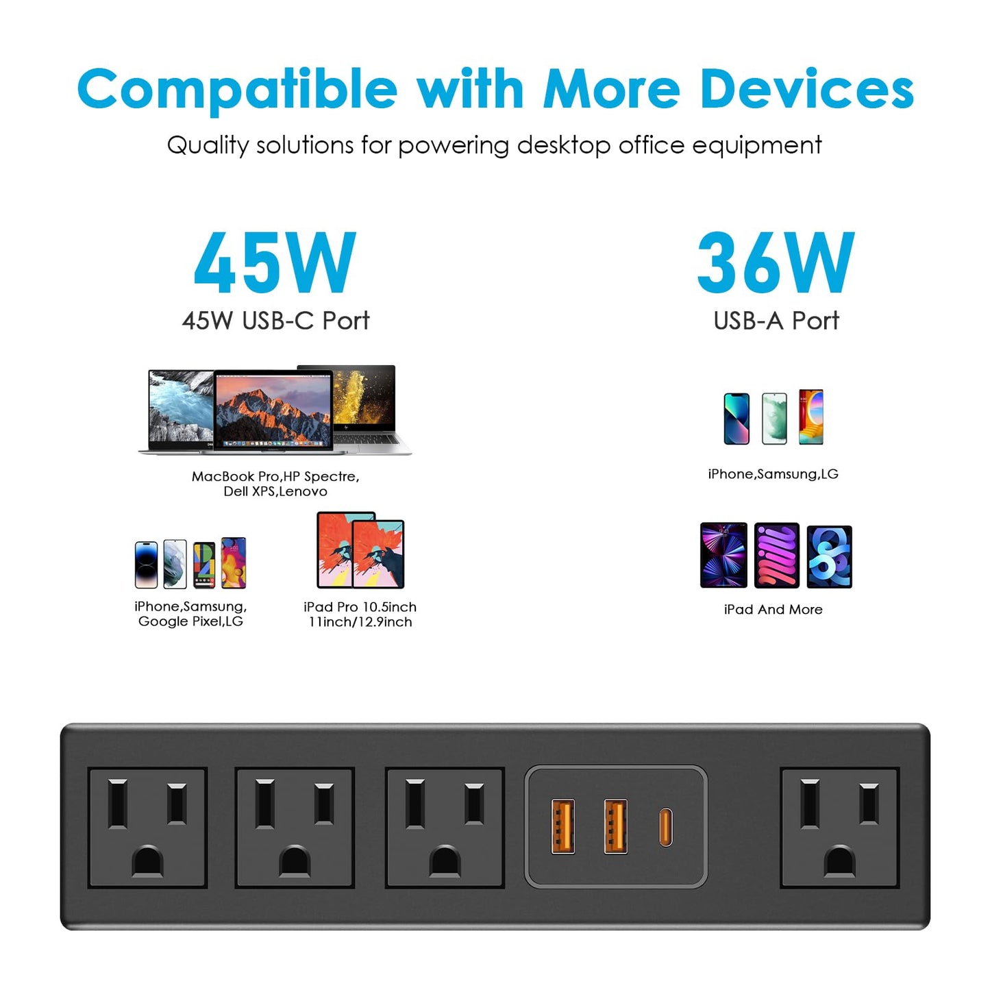 CCCEI Desk Clamp Power Strip with USB-A and USB-C Ports, Desktop Mount Surge Protector 1200J, Widely Spaced Desk Outlet Station, Fast Charging, 6 FT Flat Plug, Fit 1.9 inch Tabletop Edge. (Black)