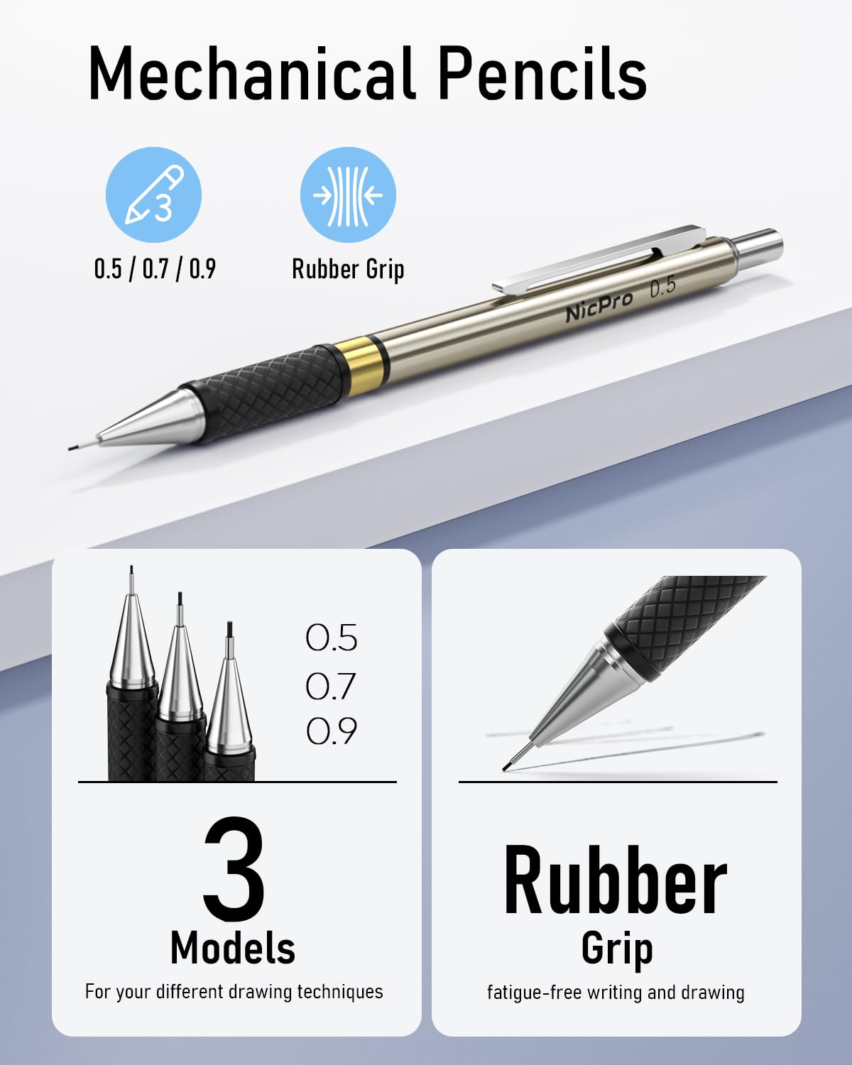 Nicpro 35PCS Art Mechanical Pencil Set, 3 PCS Metal Drafting Pencil 0.5 mm & 0.7 mm & 0.9 mm & 3 PCS 2mm Lead Holder (6B 4B 2B HB 2H 4H Colors) For Sketching Drawing With 20 Tube Lead Refills Case