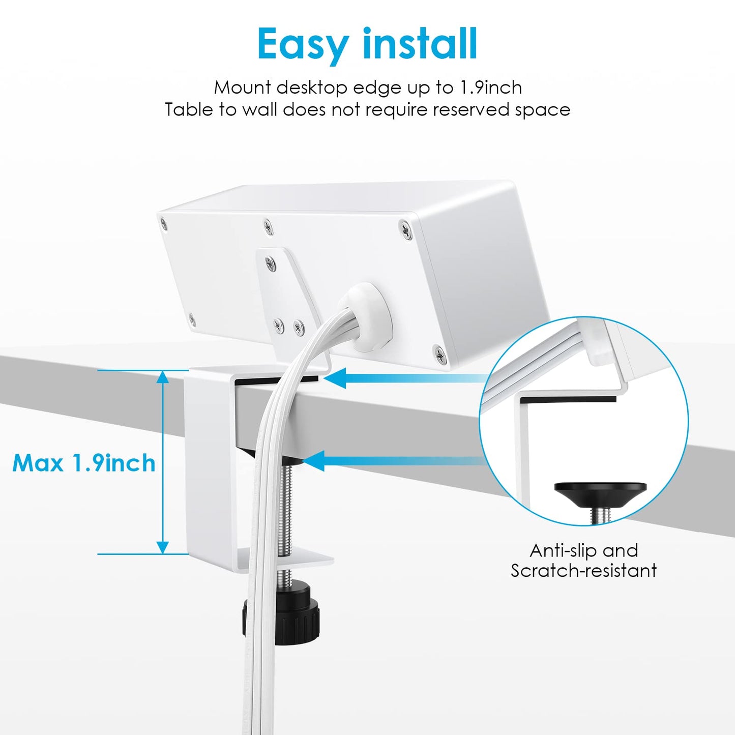 CCCEI Desk Clamp Power Strip with USB-A and USB-C Ports, Desktop Mount Surge Protector 1200J, Widely Spaced Desk Outlet Station, Fast Charging, 6 FT Flat Plug, Fit 1.9 inch Tabletop Edge. (Black)
