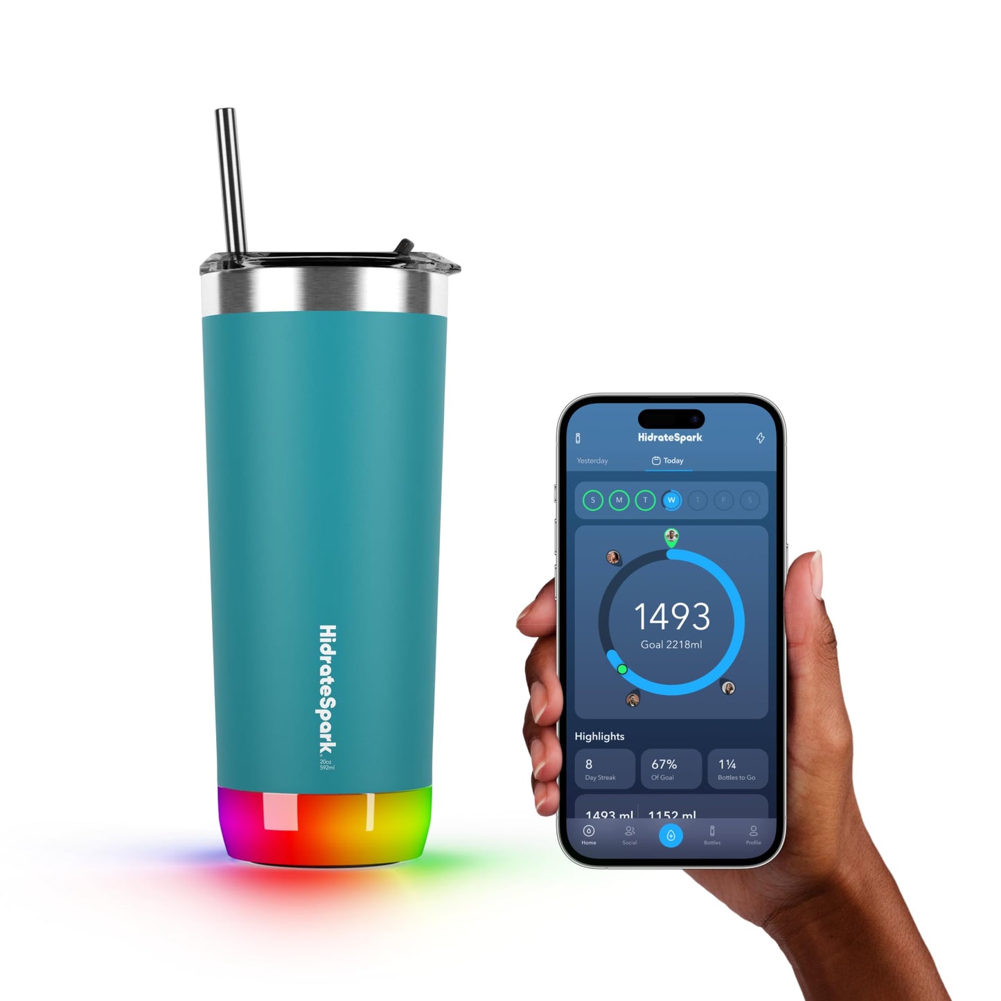 Hidrate Spark PRO Smart Tumbler with Lid & Straw – Insulated Stainless Steel – Tracks Water Intake with Bluetooth, LED Glow Reminder When You Need to Drink – 20oz, Brushed