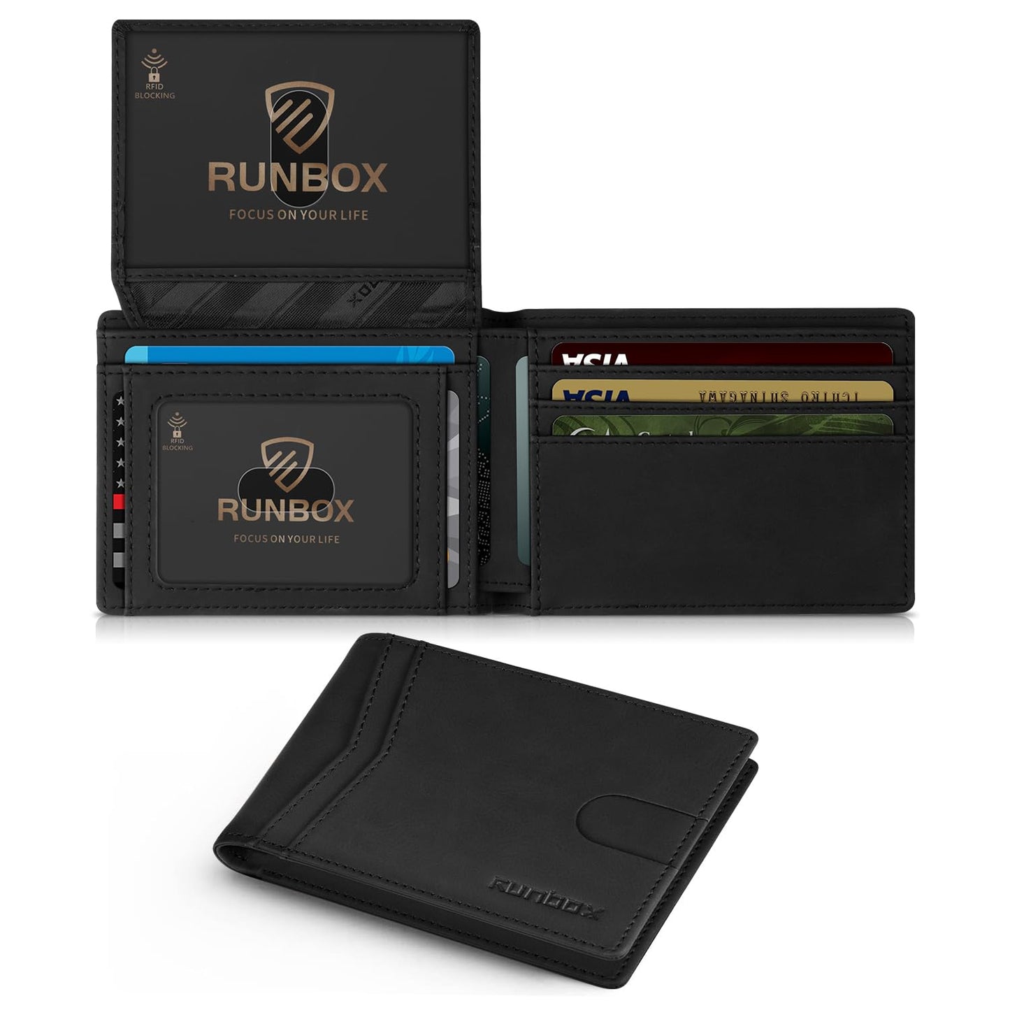 RUNBOX Wallet for Men Slim Rfid Leather 2 ID Window With Gift Box