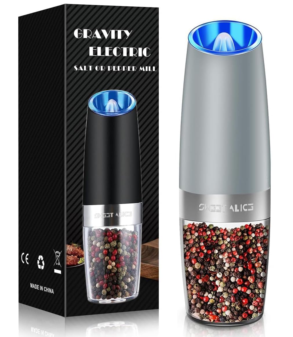 Gravity Electric Pepper and Salt Grinder Set, Salt and Pepper Mill & Adjustable Coarseness, Battery Powered with LED Light, One Hand Automatic Operation, Stainless Steel (Set/Silver)