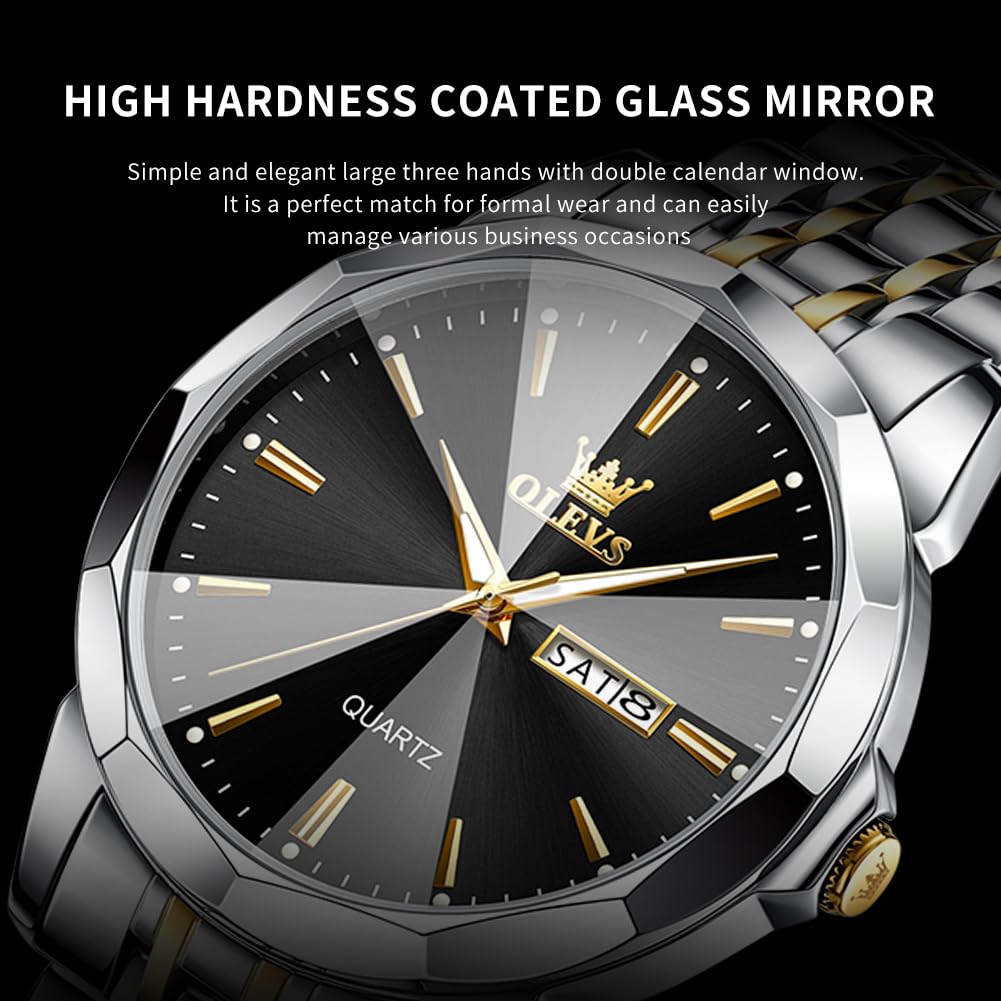 OLEVS Watch for Men Diamond Business Dress Analog Quartz Stainless Steel Waterproof Luminous Date Two Tone Luxury Casual Wrist Watch