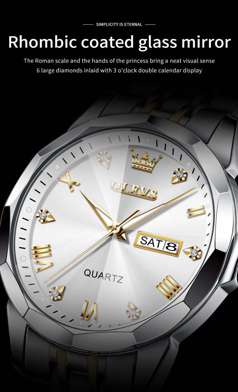OLEVS Watch for Men Diamond Business Dress Analog Quartz Stainless Steel Waterproof Luminous Date Two Tone Luxury Casual Wrist Watch