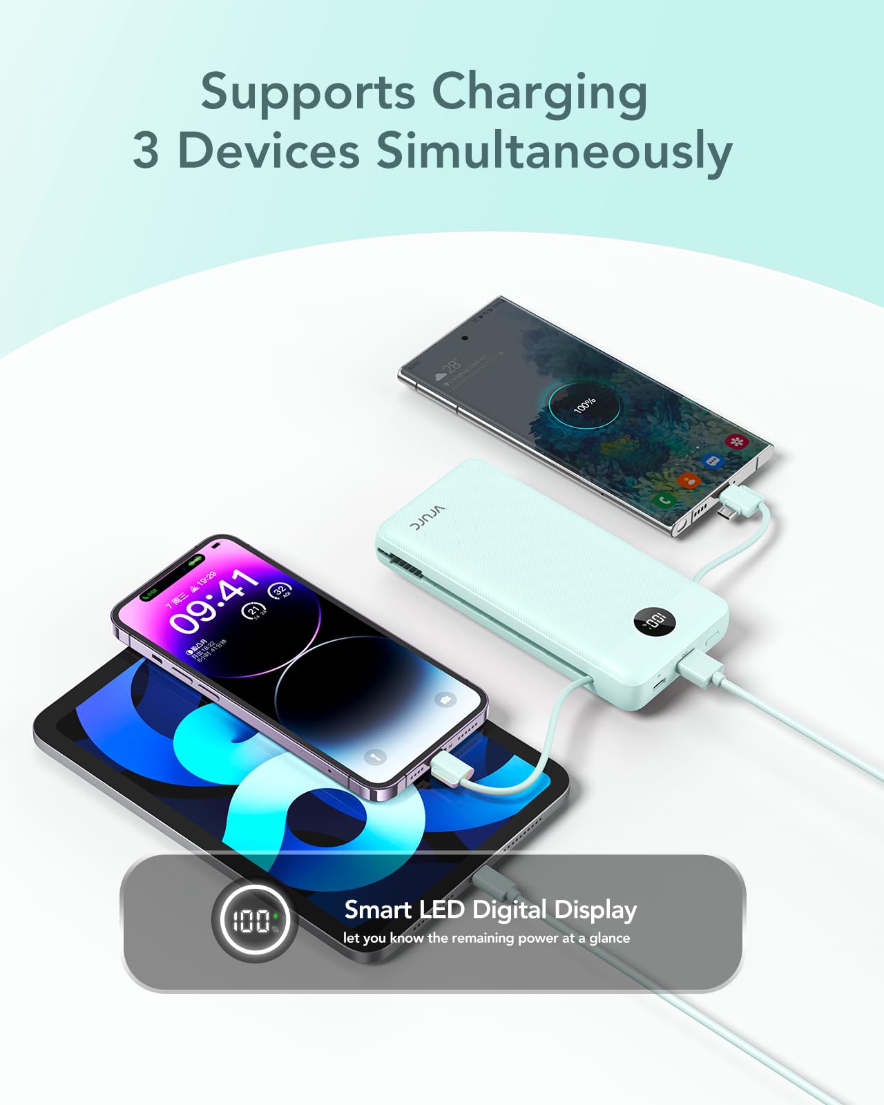 VRURC Power Bank 20000mAh, Fast Charging Portable Charger USB C,4 Output 2 Input Charging Bank Equipped with LED Display,Built-in Wall Plug and Cables,Cell Phone Replacement Battery,White