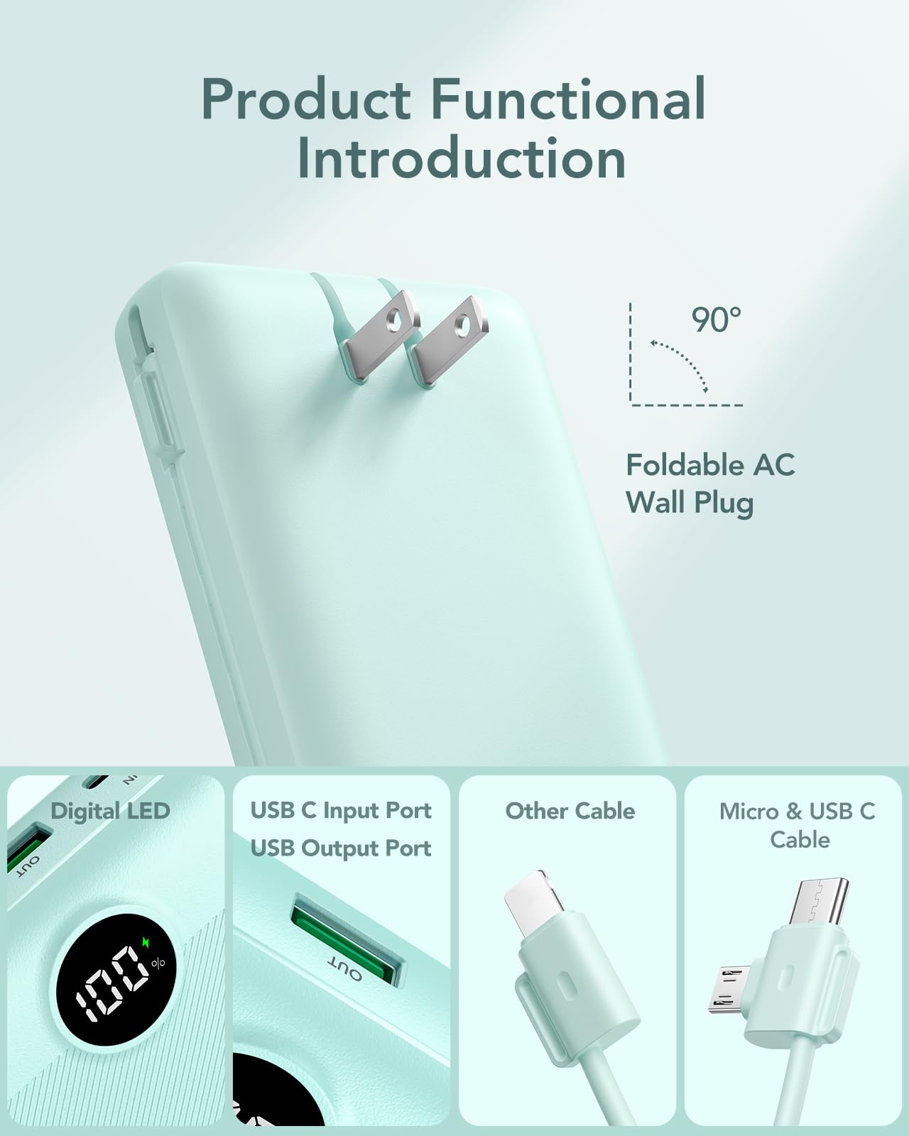 VRURC Power Bank 20000mAh, Fast Charging Portable Charger USB C,4 Output 2 Input Charging Bank Equipped with LED Display,Built-in Wall Plug and Cables,Cell Phone Replacement Battery,White