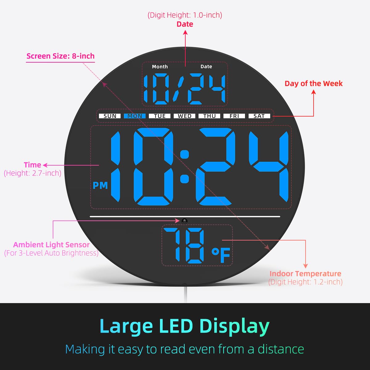 Digital Wall Clock with Large LED Display, Auto-Brightness, Temperature, Low-Reflectivity, Small Silent Non-Ticking Modern Electric Wall Clock for Bedroom, Living Room, Office, Classroom, Farmhouse