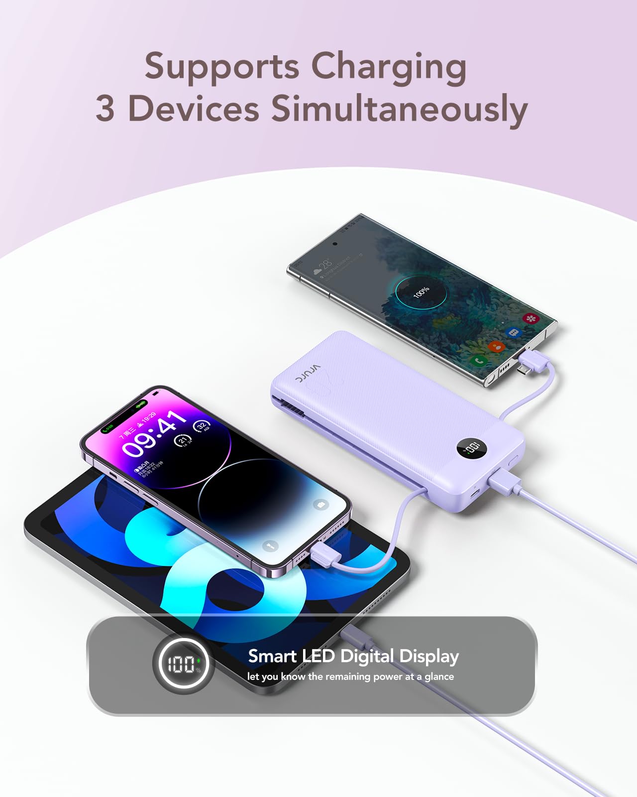 VRURC Power Bank 20000mAh, Fast Charging Portable Charger USB C,4 Output 2 Input Charging Bank Equipped with LED Display,Built-in Wall Plug and Cables,Cell Phone Replacement Battery,White