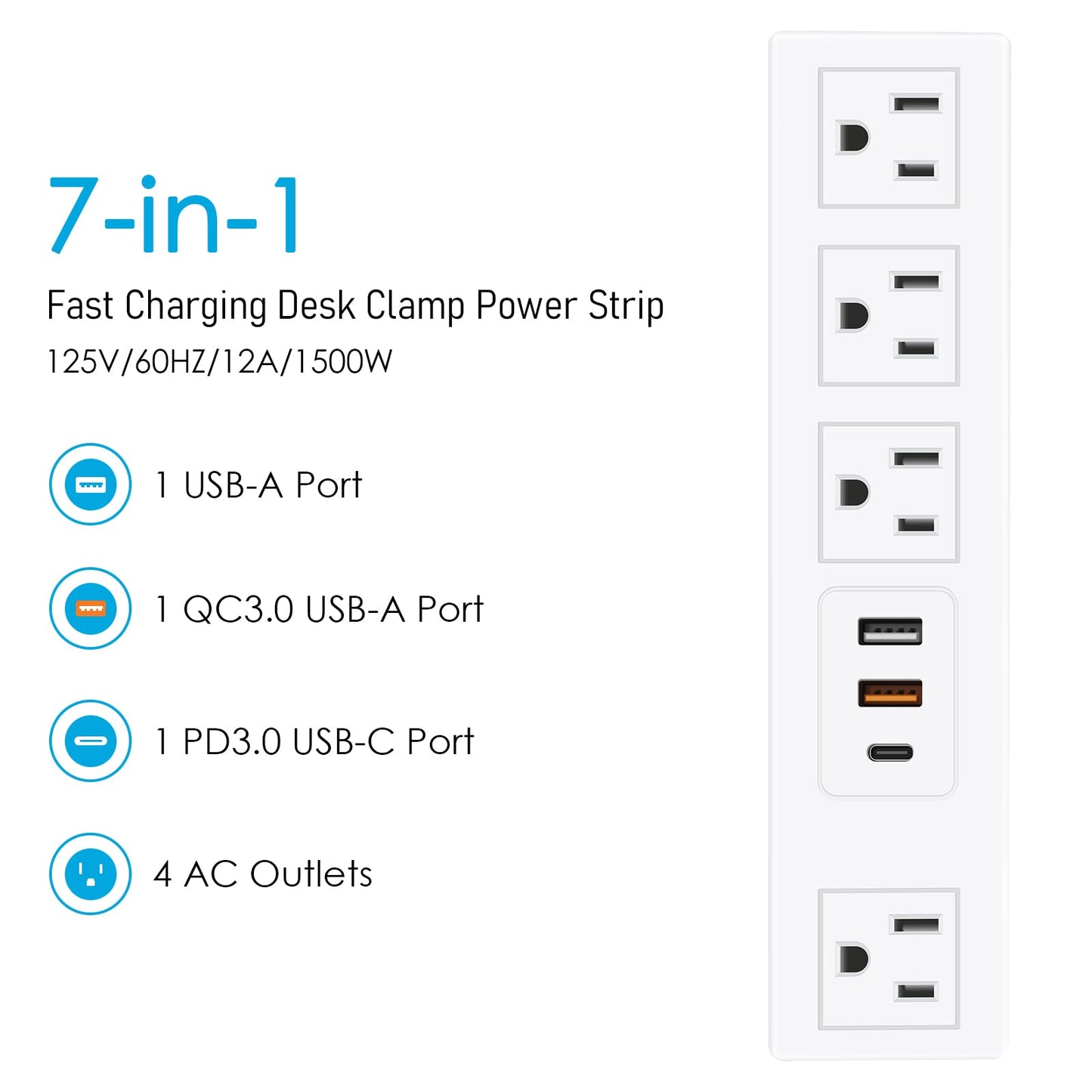 CCCEI Desk Clamp Power Strip with USB-A and USB-C Ports, Desktop Mount Surge Protector 1200J, Widely Spaced Desk Outlet Station, Fast Charging, 6 FT Flat Plug, Fit 1.9 inch Tabletop Edge. (Black)