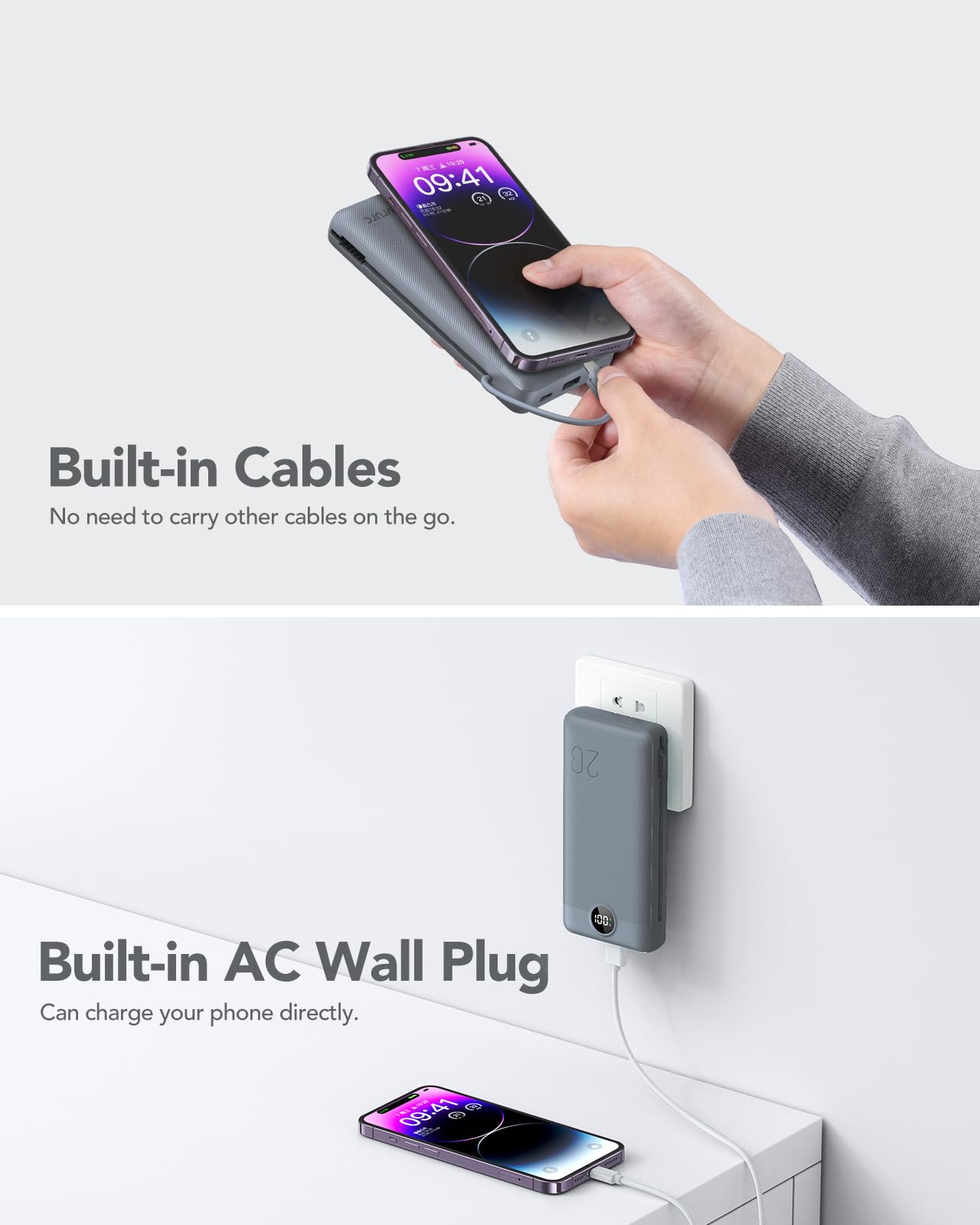 VRURC Power Bank 20000mAh, Fast Charging Portable Charger USB C,4 Output 2 Input Charging Bank Equipped with LED Display,Built-in Wall Plug and Cables,Cell Phone Replacement Battery,White