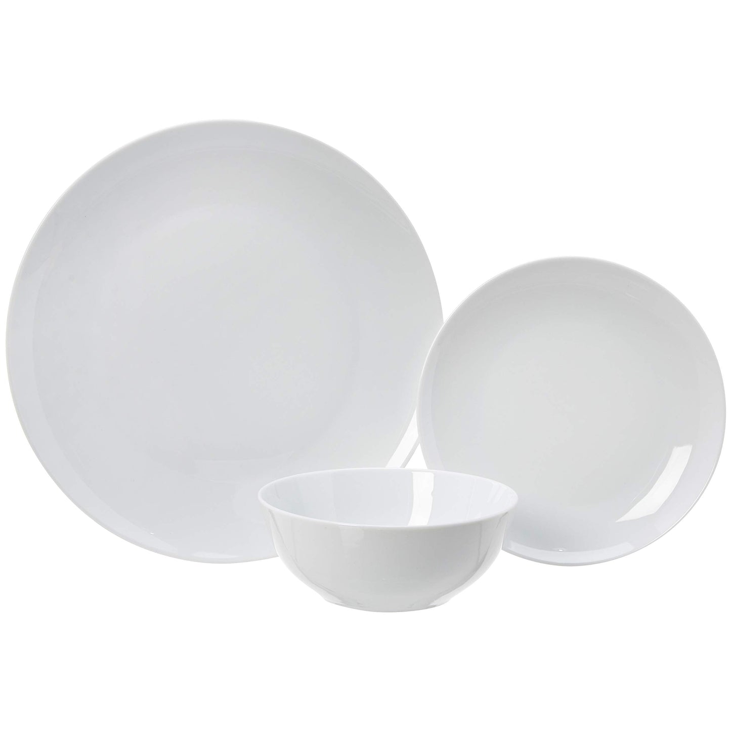 Amazon Basics 18-Piece Kitchen Dinnerware Set, Plates, Dishes, Bowls, Service for 6, White Porcelain Coupe