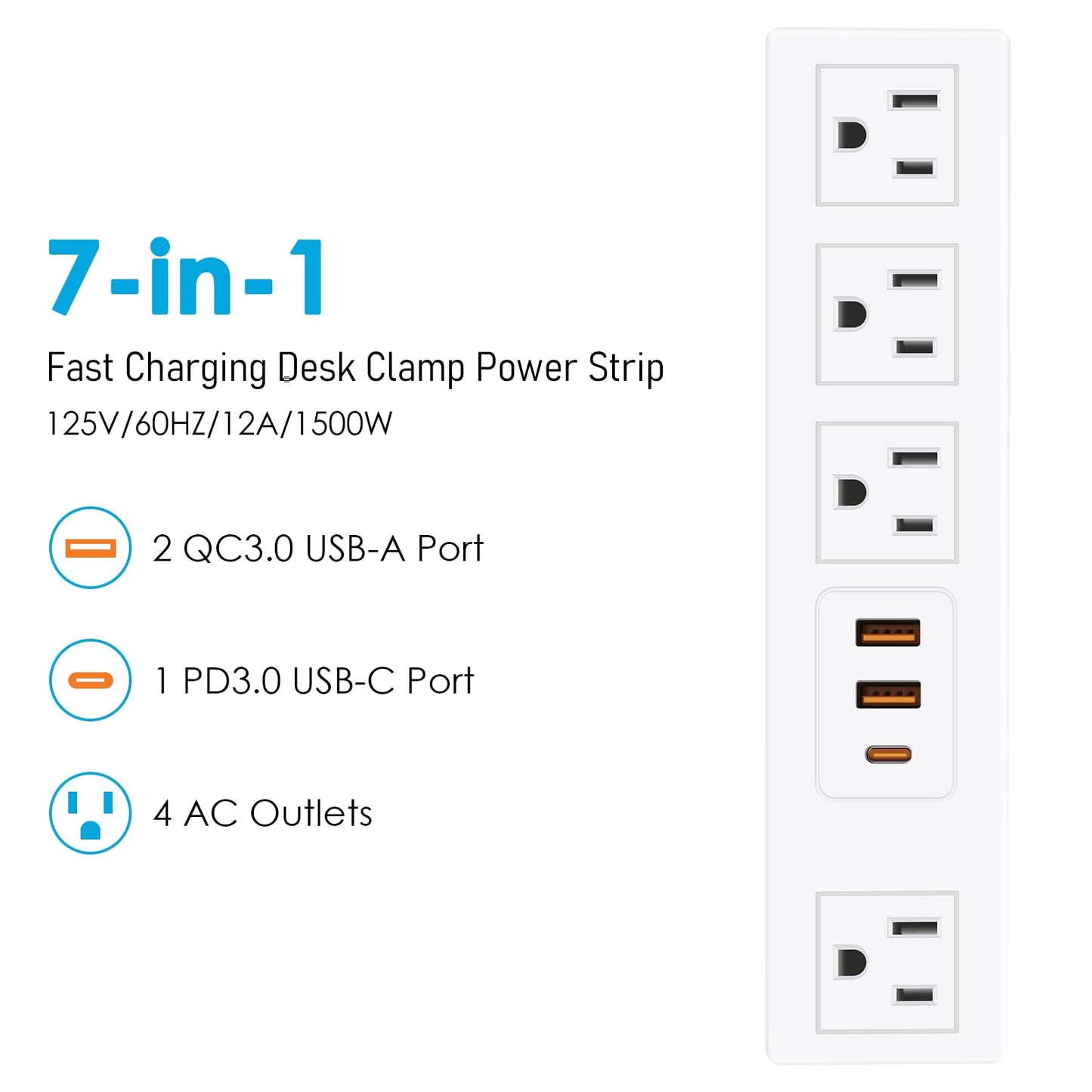 CCCEI Desk Clamp Power Strip with USB-A and USB-C Ports, Desktop Mount Surge Protector 1200J, Widely Spaced Desk Outlet Station, Fast Charging, 6 FT Flat Plug, Fit 1.9 inch Tabletop Edge. (Black)
