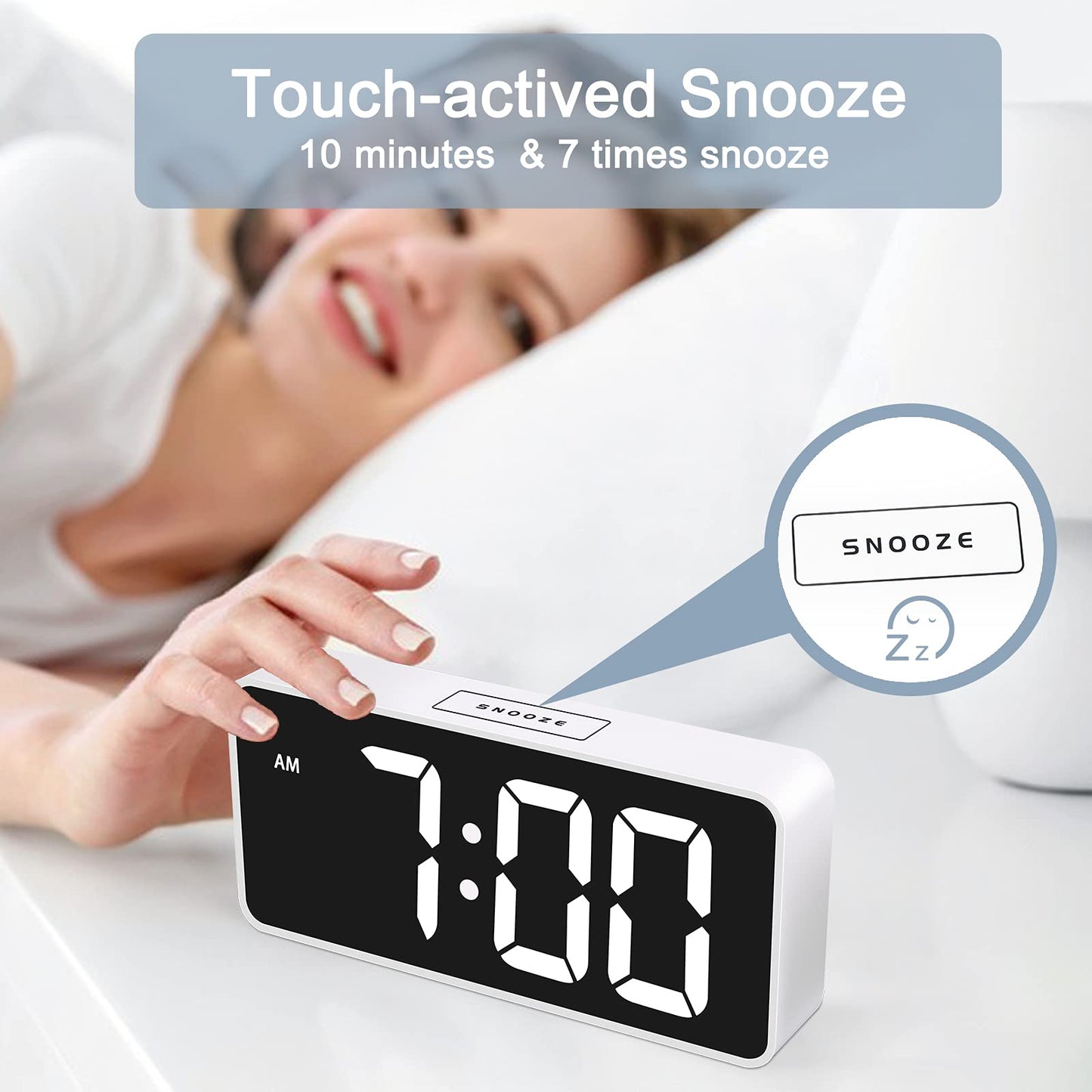 7.5 Inches Large Digital Alarm Clock for Seniors & Kids, 0-100% Dimmable Display, USB Charging Port, Adjustable Volume, Easy Operation, Snooze, Outlet Powered for Bedroom