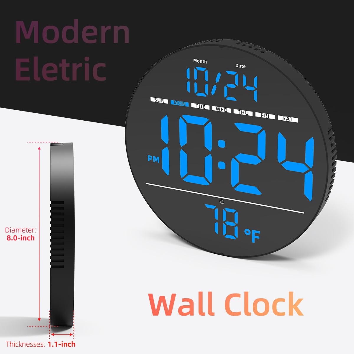Digital Wall Clock with Large LED Display, Auto-Brightness, Temperature, Low-Reflectivity, Small Silent Non-Ticking Modern Electric Wall Clock for Bedroom, Living Room, Office, Classroom, Farmhouse