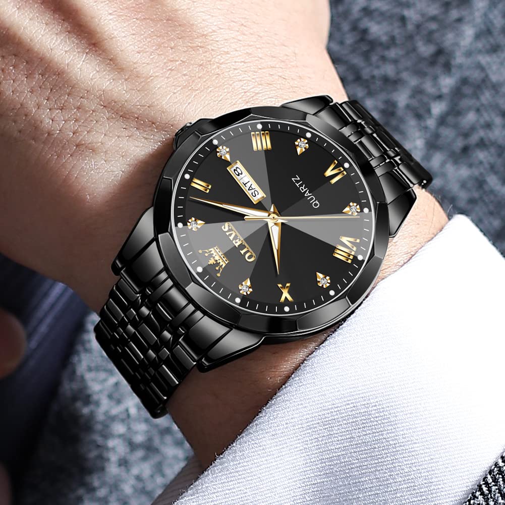 OLEVS Watch for Men Diamond Business Dress Analog Quartz Stainless Steel Waterproof Luminous Date Two Tone Luxury Casual Wrist Watch