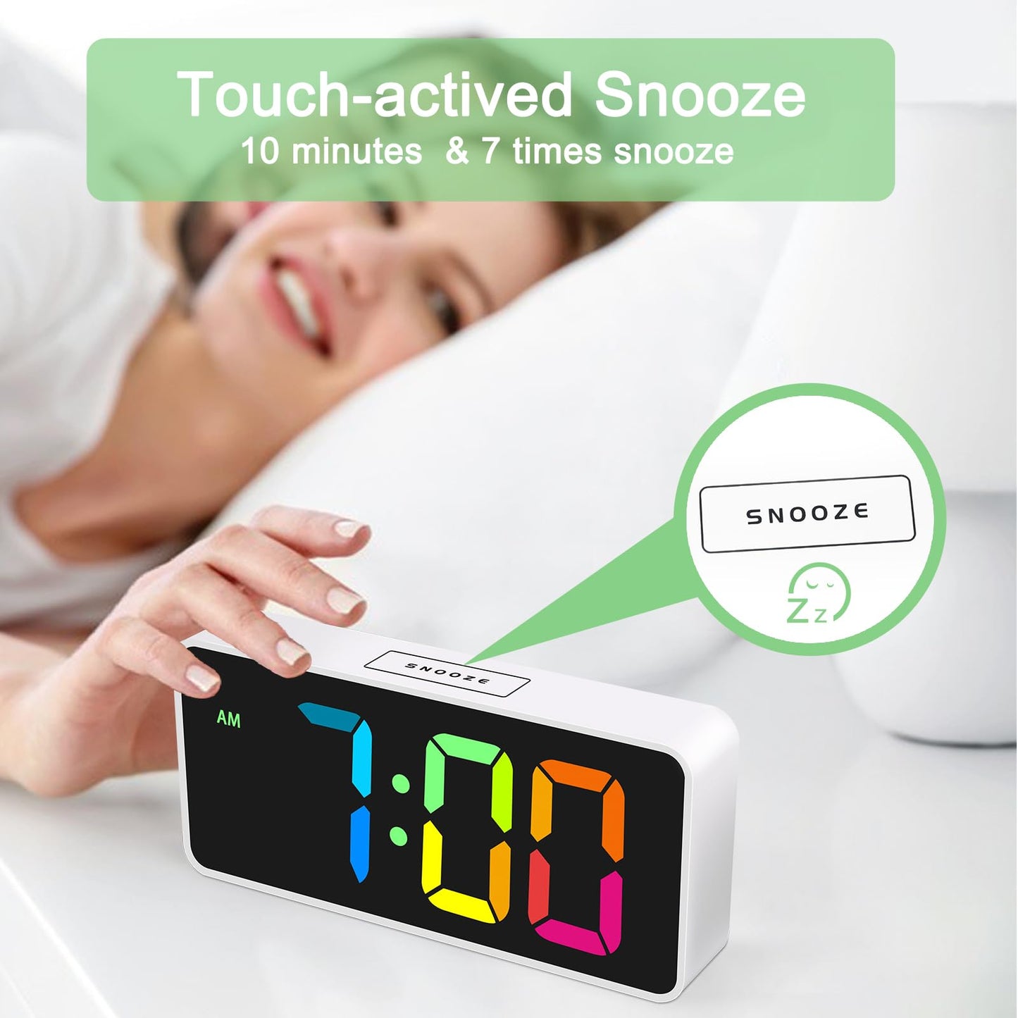 7.5 Inches Large Digital Alarm Clock for Seniors & Kids, 0-100% Dimmable Display, USB Charging Port, Adjustable Volume, Easy Operation, Snooze, Outlet Powered for Bedroom