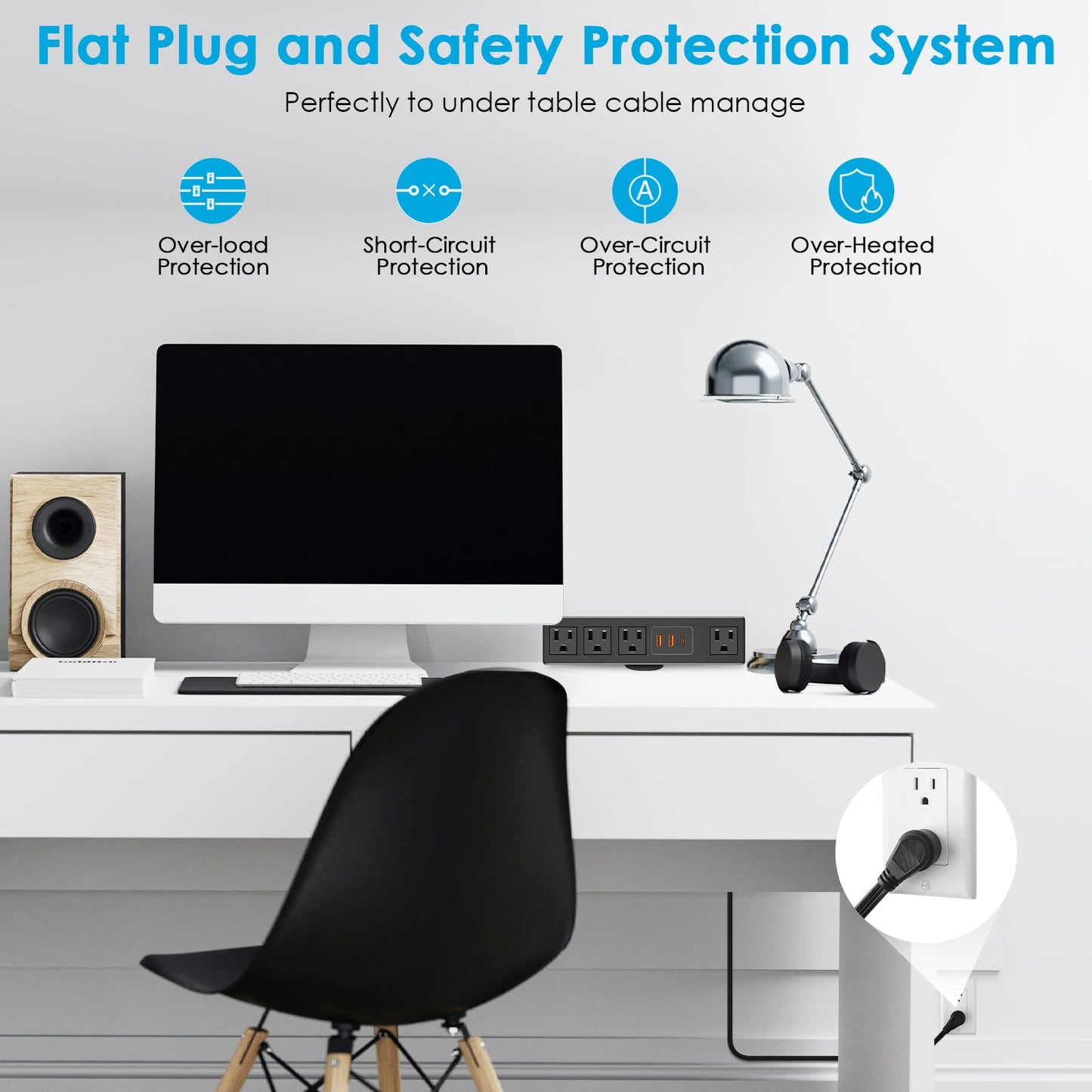 CCCEI Desk Clamp Power Strip with USB-A and USB-C Ports, Desktop Mount Surge Protector 1200J, Widely Spaced Desk Outlet Station, Fast Charging, 6 FT Flat Plug, Fit 1.9 inch Tabletop Edge. (Black)