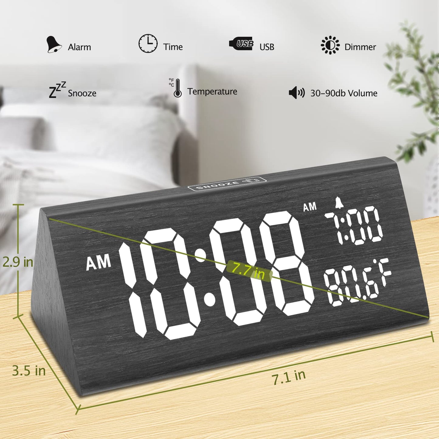 DreamSky Digital Alarm Clocks for Bedrooms - Wooden Desk Clock with Date, Day of Week, USB Port, Temperature, Dimmer for Bedside Table, Living Room, Office, Adjustable Volume, Auto DST, Wood Decor