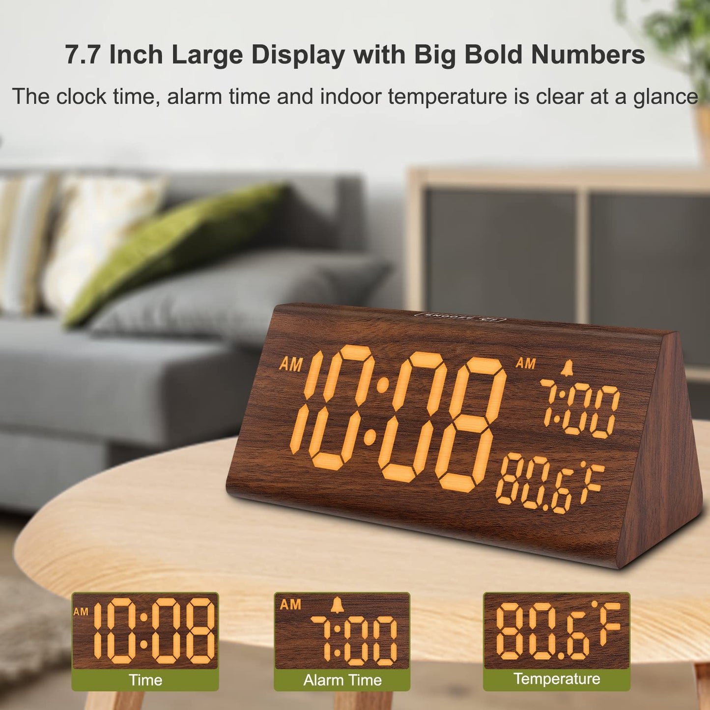 DreamSky Digital Alarm Clocks for Bedrooms - Wooden Desk Clock with Date, Day of Week, USB Port, Temperature, Dimmer for Bedside Table, Living Room, Office, Adjustable Volume, Auto DST, Wood Decor