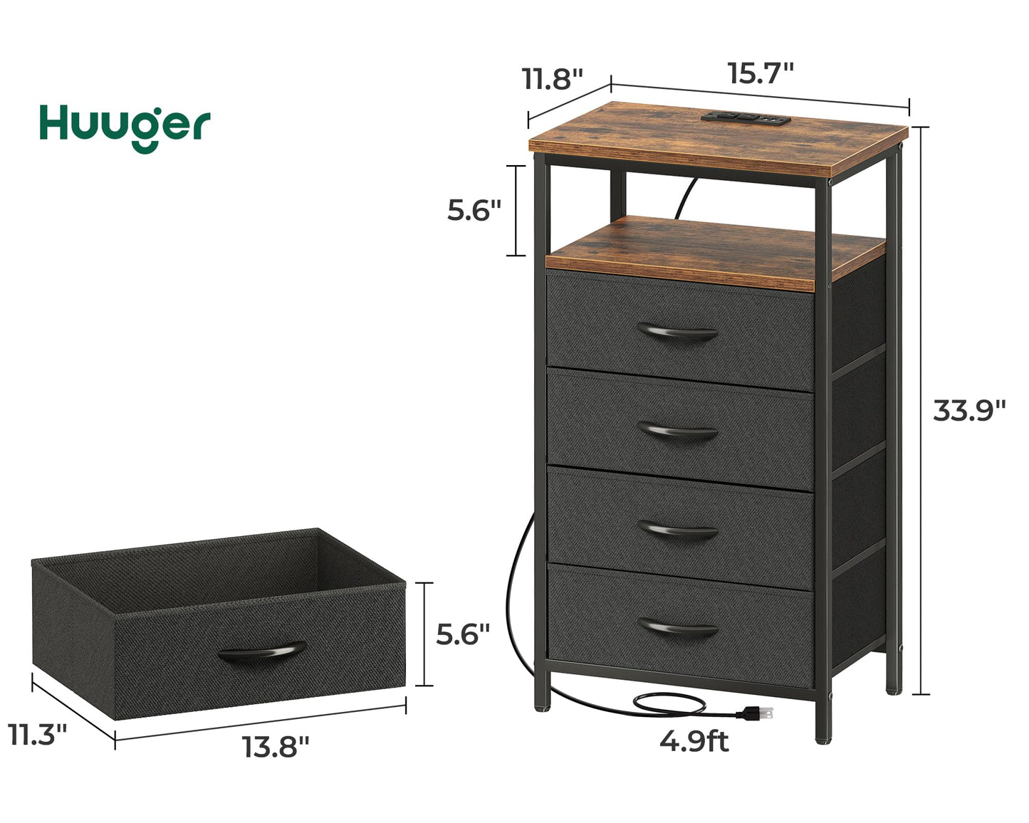 Huuger Nightstand with Charging Station, Side Table with Fabric Drawers, End Table with Open Shelf, Bedside Table with USB Ports and Outlets, Night Stand for Bedroom, Rustic Brown and Black