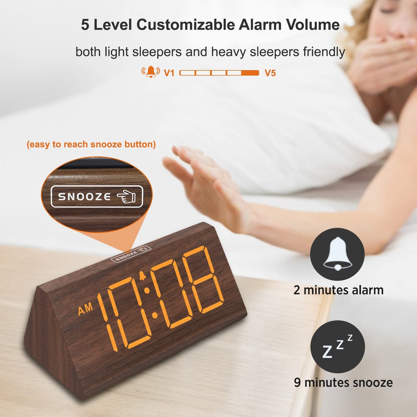DreamSky Wooden Digital Alarm Clocks for Bedrooms - Electric Desk Clock with Large Numbers, USB Port, Loud Alarm for Heavy Sleepers, Adjustable Volume, Dimmer, Snooze, DST, 12/24H, Wood Décor (Brown)
