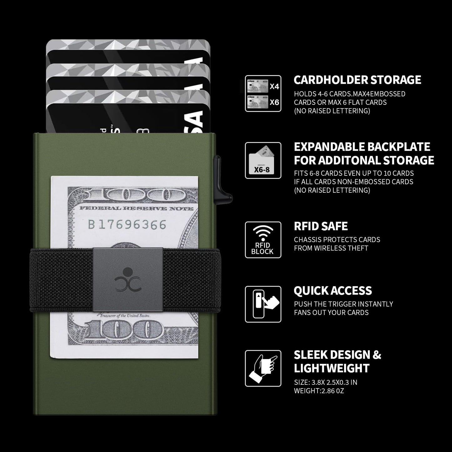 Slim Aluminum Card Holder Wallet for Men, Durable Expandable Backplate, RFID Blocking Minimalist Metal Pop Up Wallet, Holds 12+ Cards Plus Cash (Black)