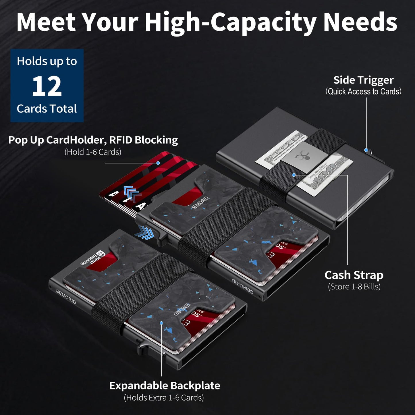 Slim Aluminum Card Holder Wallet for Men, Durable Expandable Backplate, RFID Blocking Minimalist Metal Pop Up Wallet, Holds 12+ Cards Plus Cash (Black)