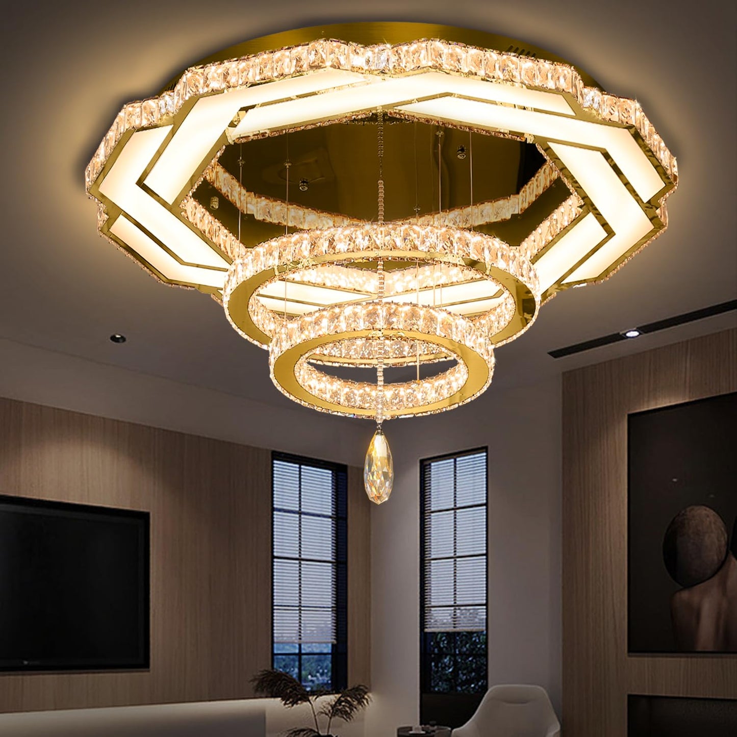 Flashing God Crystal Chandeliers Dia 32" Silver Elegant Chandelier Flush Mount Ceiling Light for Bedroom Living Room Dining Room Hallway Dimmable 3 Rings LED Celing Lighting Fixtures