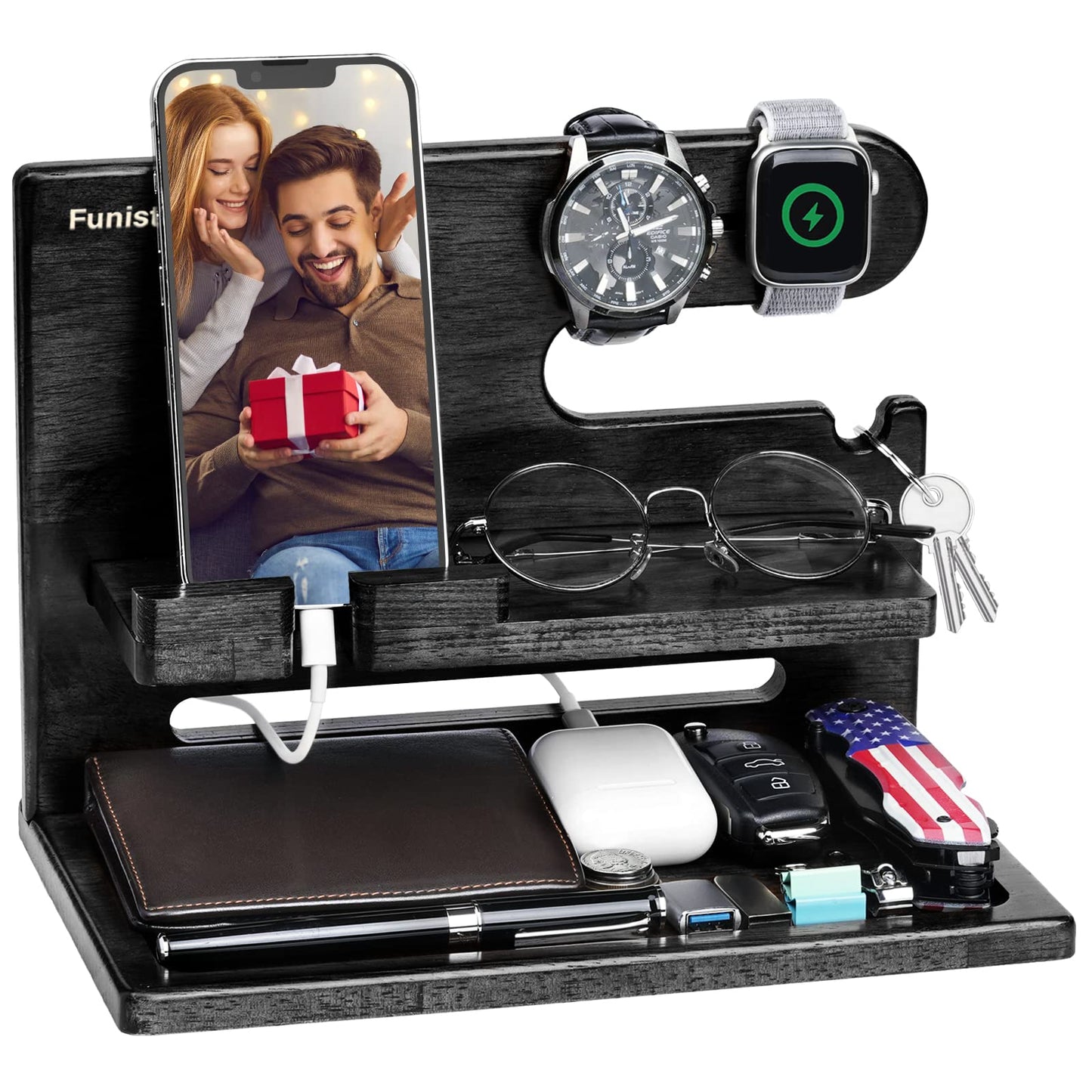 Gifts for Men Dad from Daughter Son Christmas, Wood Phone Docking Station with Drawer, Husband Birthday Gifts Him Boyfriend from Wife Anniversary Nightstand Organizer Xmas Stocking Stuffers