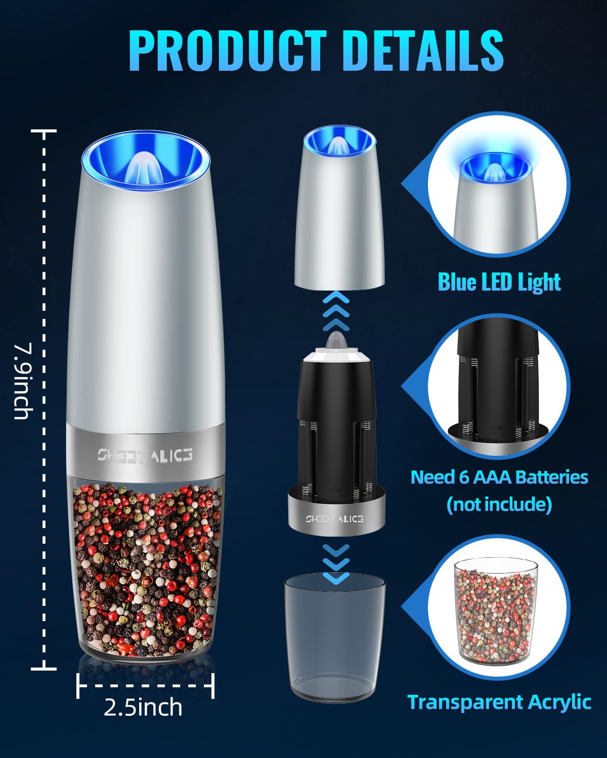 Gravity Electric Pepper and Salt Grinder Set, Salt and Pepper Mill & Adjustable Coarseness, Battery Powered with LED Light, One Hand Automatic Operation, Stainless Steel (Set/Silver)