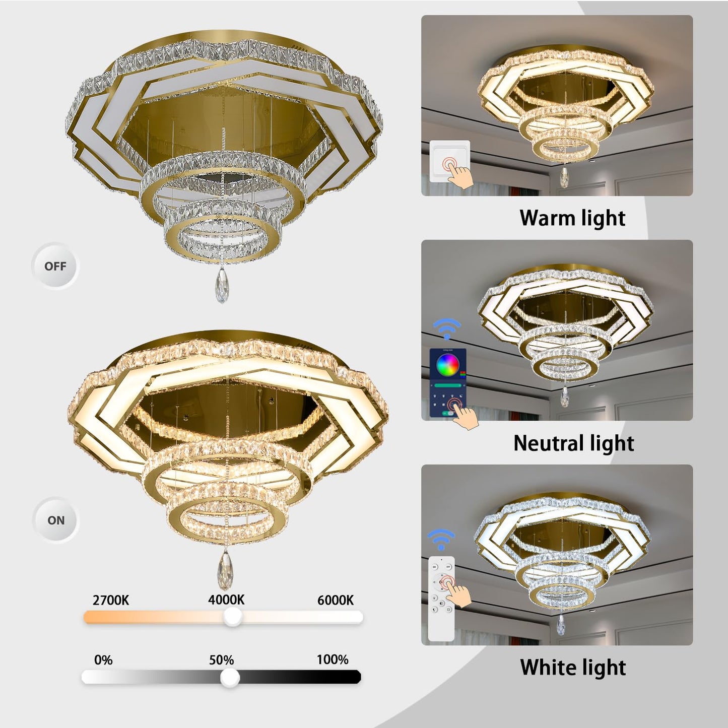 Flashing God Crystal Chandeliers Dia 32" Silver Elegant Chandelier Flush Mount Ceiling Light for Bedroom Living Room Dining Room Hallway Dimmable 3 Rings LED Celing Lighting Fixtures
