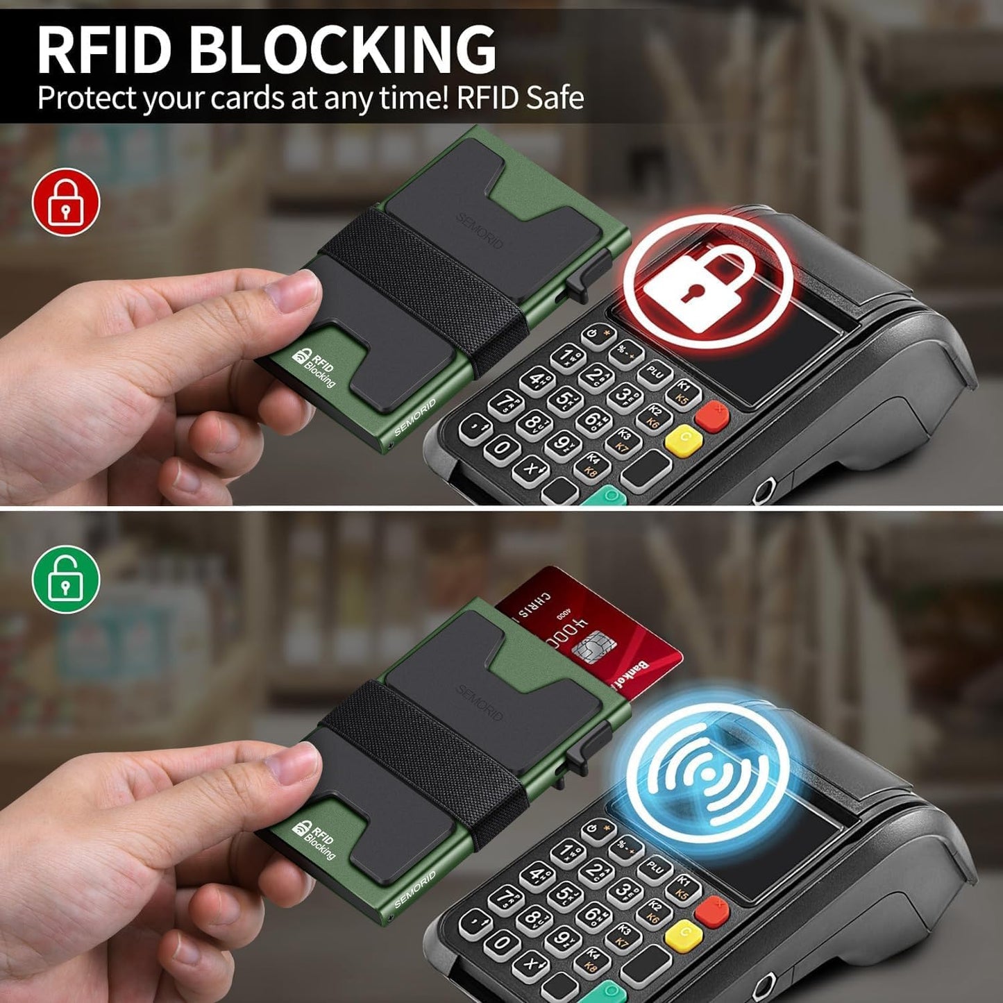 Slim Aluminum Card Holder Wallet for Men, Durable Expandable Backplate, RFID Blocking Minimalist Metal Pop Up Wallet, Holds 12+ Cards Plus Cash (Black)