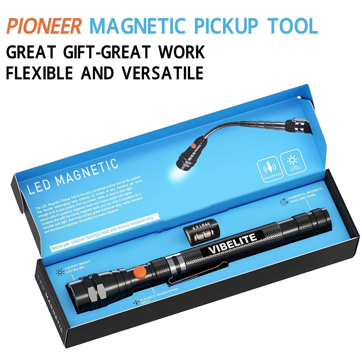 VIBELITE Extendable Magnetic Flashlight with Telescoping Magnet Pickup Tool-Cool Gadgets Gifts Idea & Gifts for Men,Husband,Dad,Father,Mechanic,Tech,Handyman,Him Women, Silve