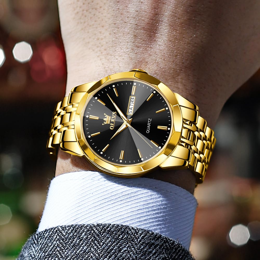 OLEVS Watch for Men Diamond Business Dress Analog Quartz Stainless Steel Waterproof Luminous Date Two Tone Luxury Casual Wrist Watch