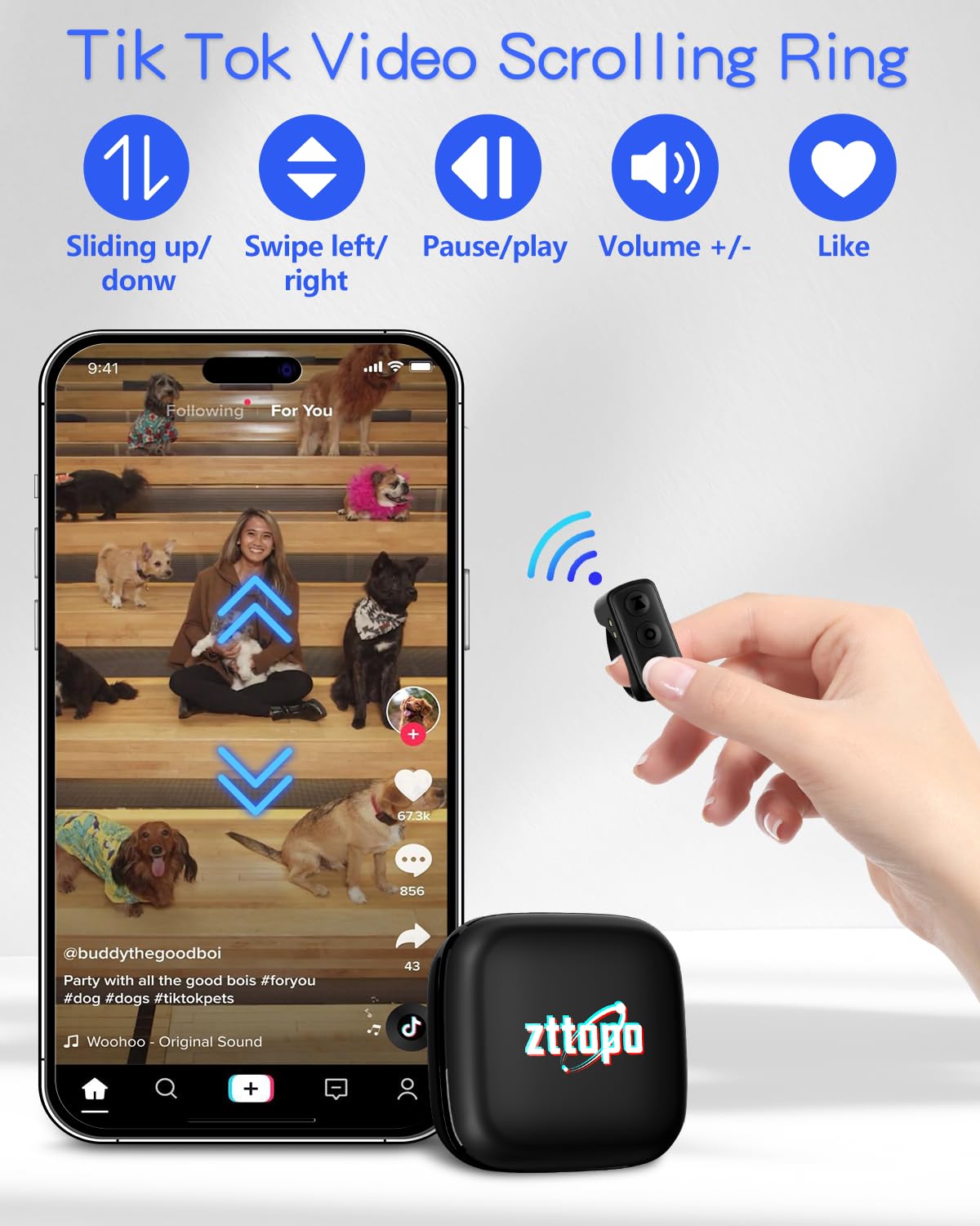 TikTok Scrolling Ring, TIK Tok Bluetooth Remote Control, Kindle APP Page Turner with Carrying Case, Camera Photo Clicker for iPhone, iPad, iOS, Android-Black…