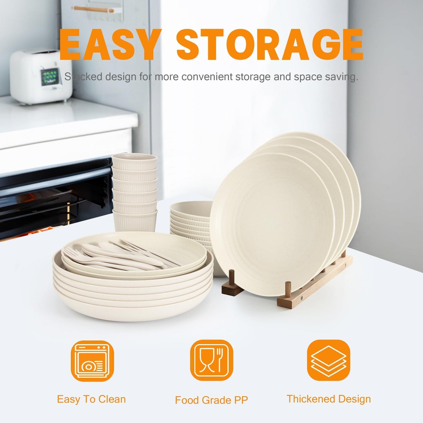 42 Pieces Wheat Straw Dinnerware Set - OAMCEG Plastic Dinner Set for 6, Kitchen Plates and Bowls Set, College Dorm Microwave Dishes, Unbreakable Plastic Outdoor Camping Dishes, Black