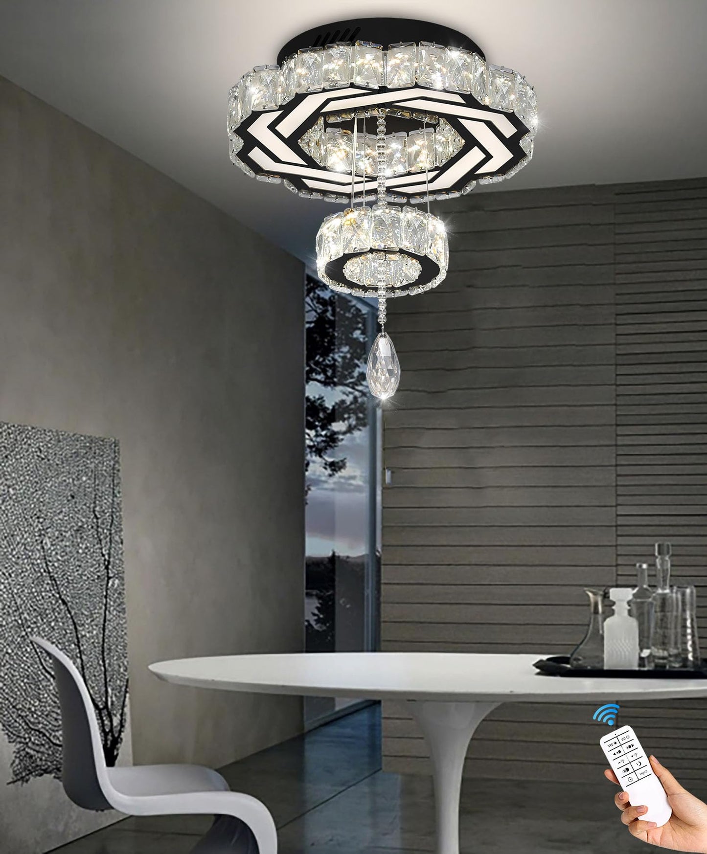 Flashing God Crystal Chandeliers Dia 32" Silver Elegant Chandelier Flush Mount Ceiling Light for Bedroom Living Room Dining Room Hallway Dimmable 3 Rings LED Celing Lighting Fixtures