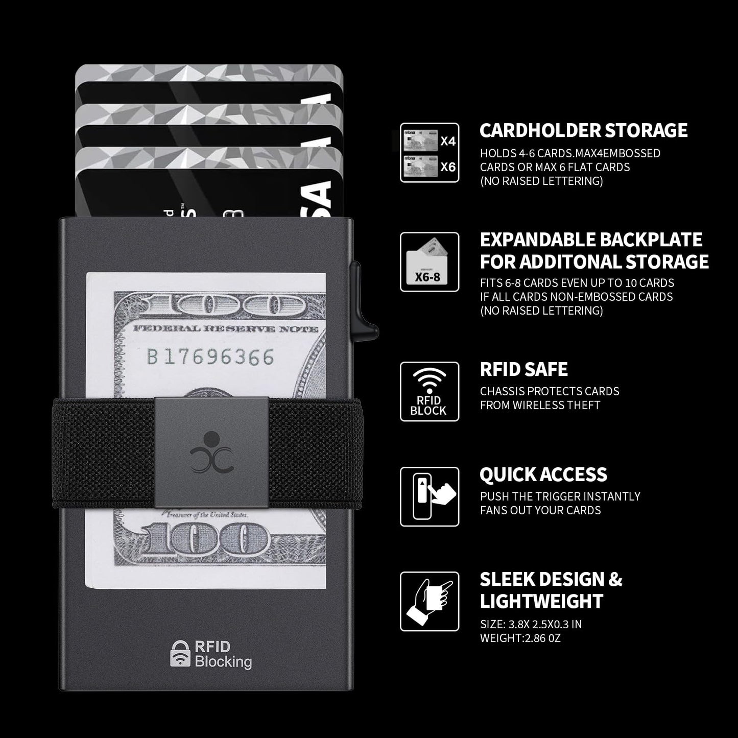 Slim Aluminum Card Holder Wallet for Men, Durable Expandable Backplate, RFID Blocking Minimalist Metal Pop Up Wallet, Holds 12+ Cards Plus Cash (Black)