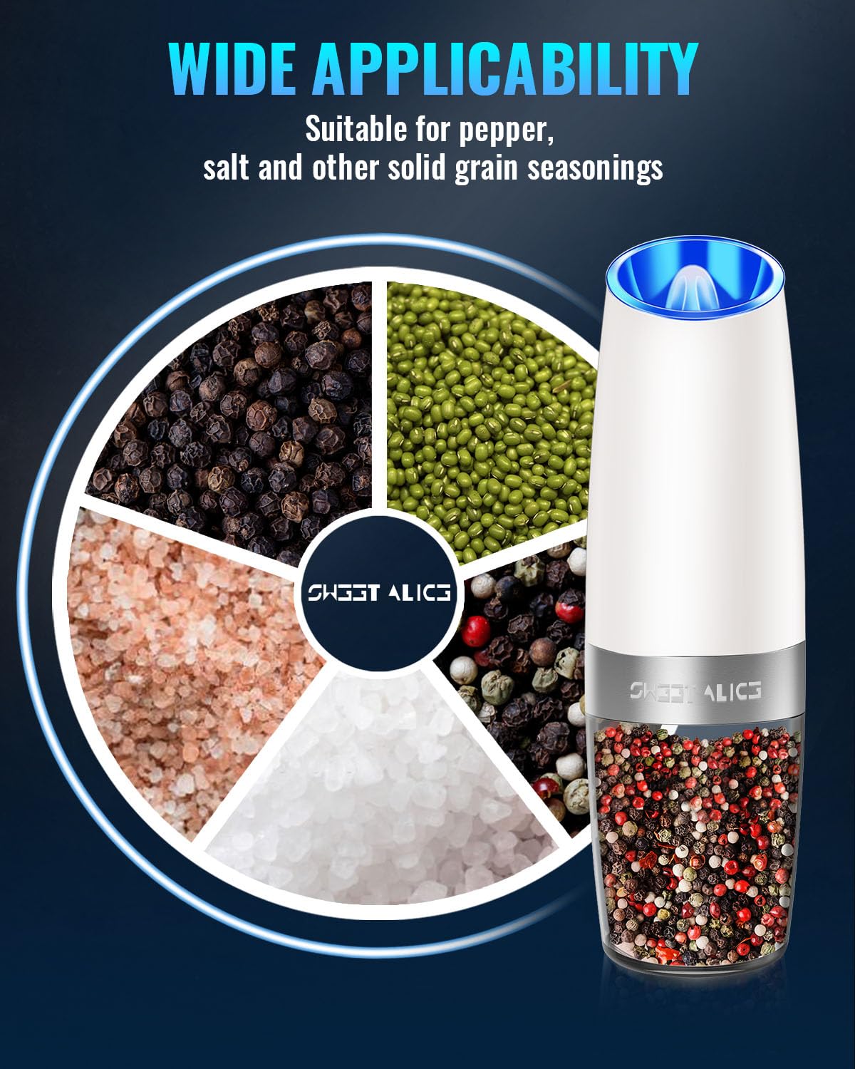 Gravity Electric Pepper and Salt Grinder Set, Salt and Pepper Mill & Adjustable Coarseness, Battery Powered with LED Light, One Hand Automatic Operation, Stainless Steel (Set/Silver)