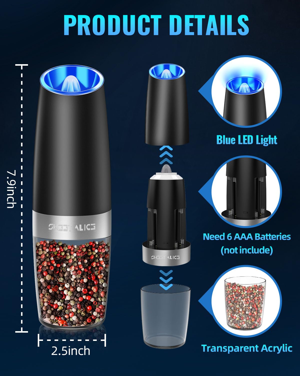 Gravity Electric Pepper and Salt Grinder Set, Salt and Pepper Mill & Adjustable Coarseness, Battery Powered with LED Light, One Hand Automatic Operation, Stainless Steel (Set/Silver)