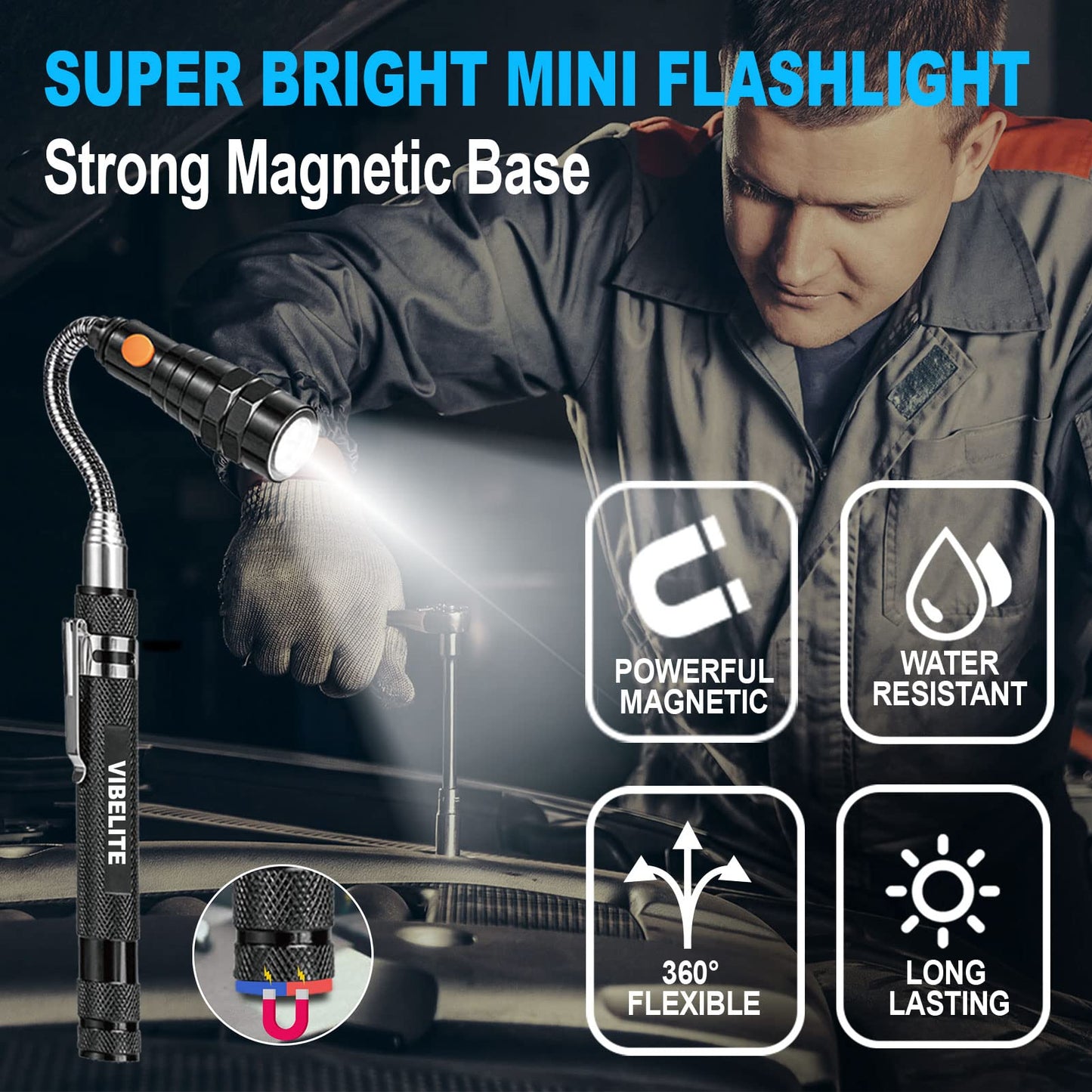 VIBELITE Extendable Magnetic Flashlight with Telescoping Magnet Pickup Tool-Cool Gadgets Gifts Idea & Gifts for Men,Husband,Dad,Father,Mechanic,Tech,Handyman,Him Women, Silve