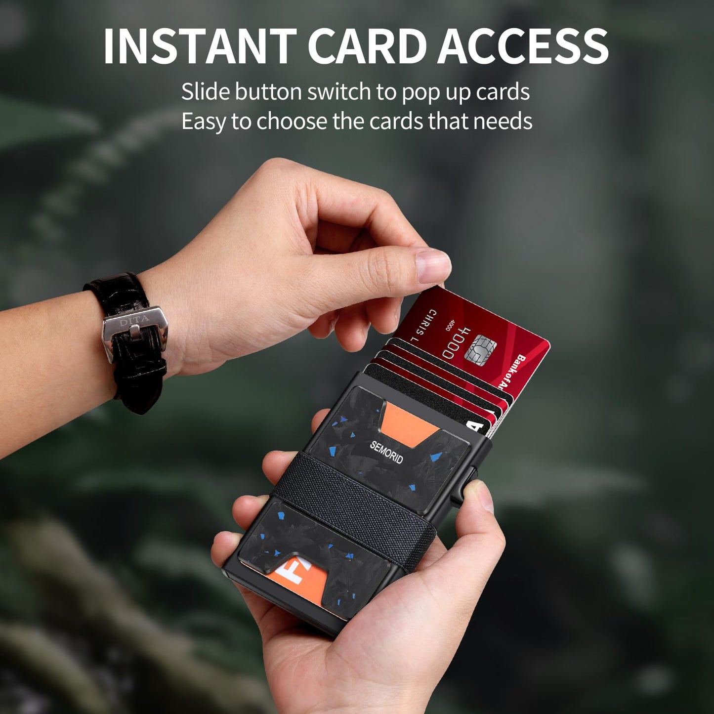 Slim Aluminum Card Holder Wallet for Men, Durable Expandable Backplate, RFID Blocking Minimalist Metal Pop Up Wallet, Holds 12+ Cards Plus Cash (Black)