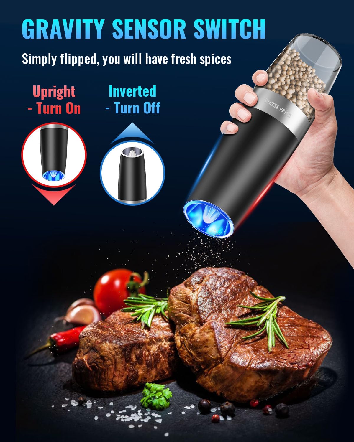 Gravity Electric Pepper and Salt Grinder Set, Salt and Pepper Mill & Adjustable Coarseness, Battery Powered with LED Light, One Hand Automatic Operation, Stainless Steel (Set/Silver)