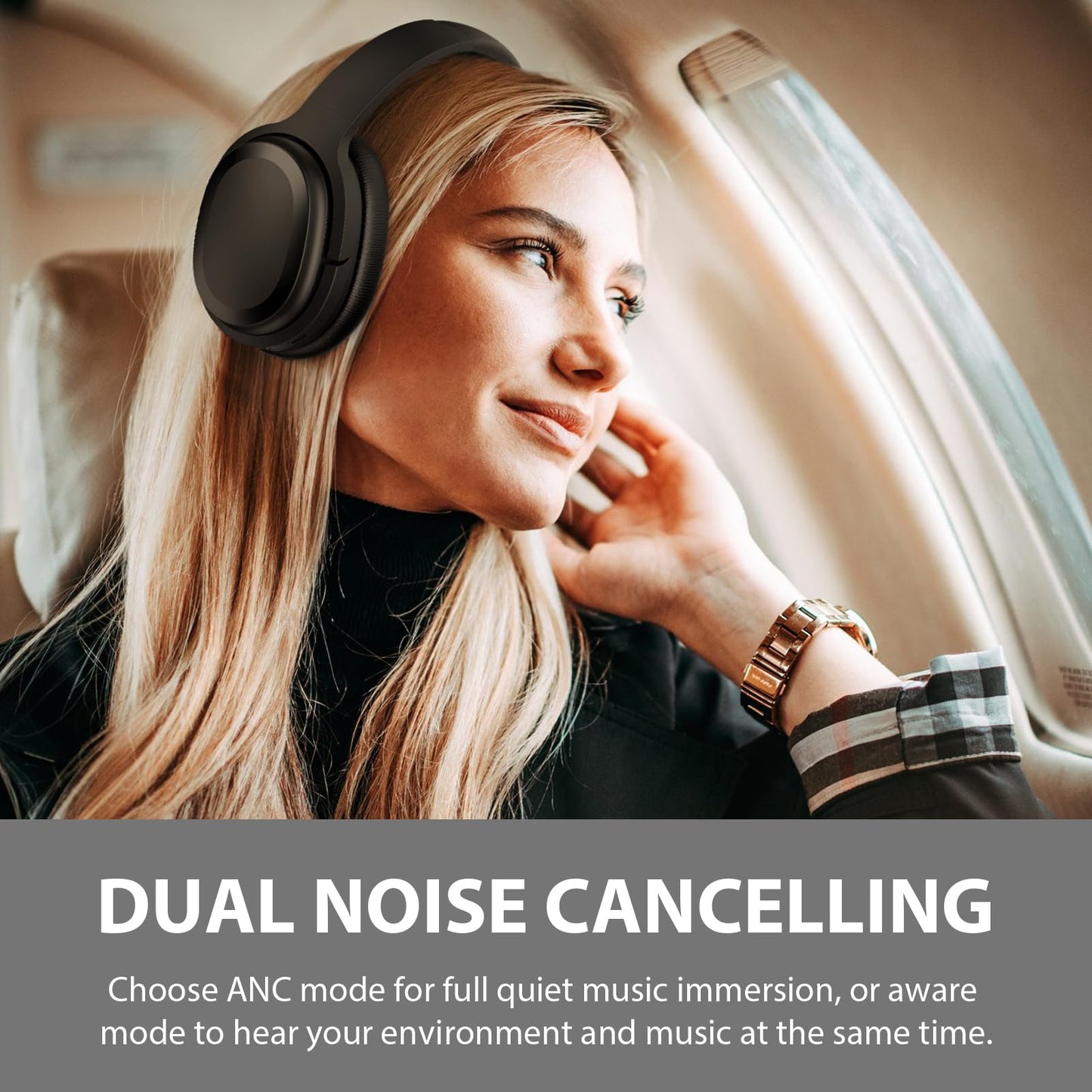 Hybrid Active Noise Cancelling Headphones, Wireless Over Ear Bluetooth Headphones, Hi-Fi Audio, Deep Bass, Comfort Fit Ear Cups, 30h Playtime for Home Office Travel, Matte Black