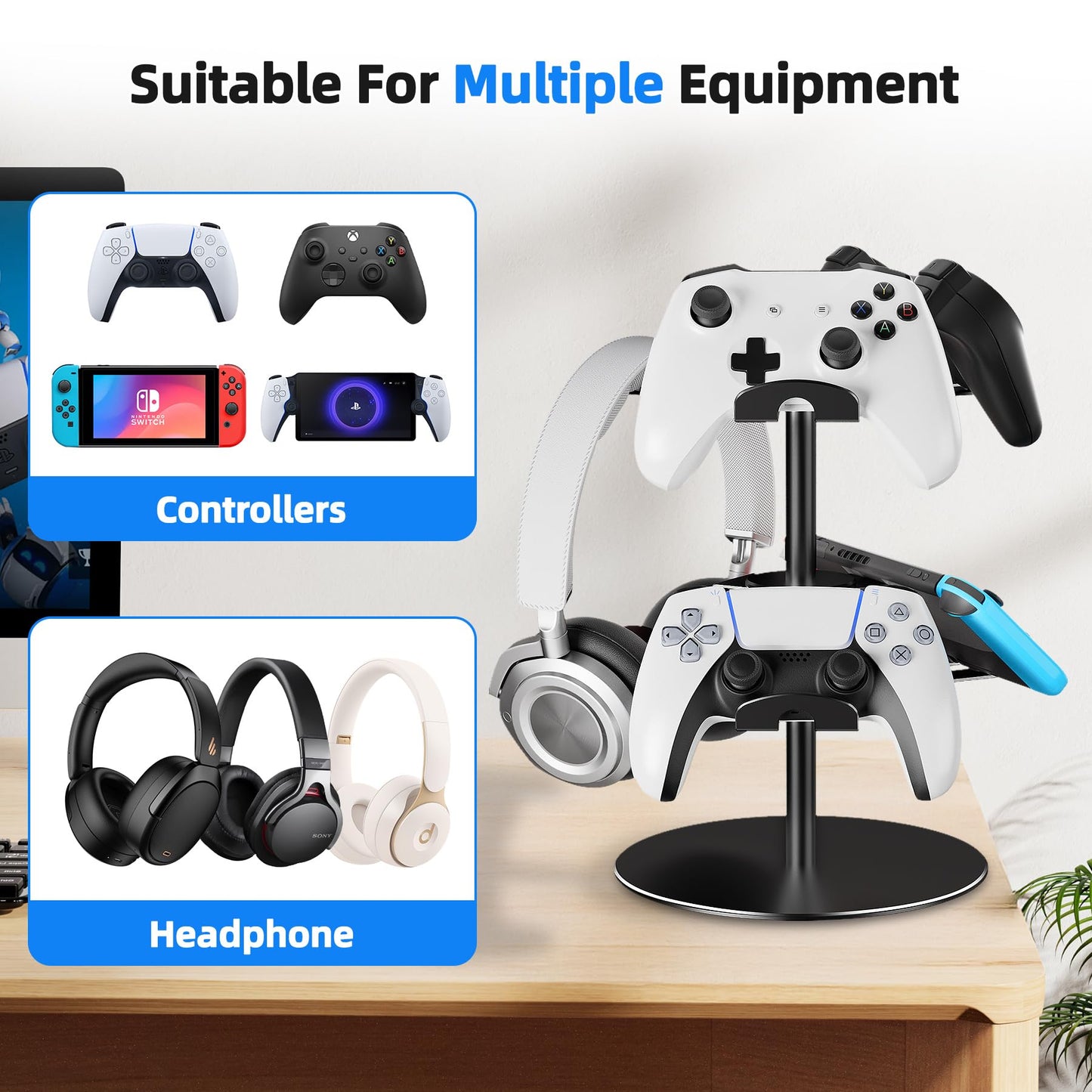 Controller Holder 2 Aluminum Alloy Tier,Headphone Stand - Gaming Controller Stand for Xbox PS5 PS4 Switch,Gaming Controller Headset Holder for Universal Gaming Accessories(Black)