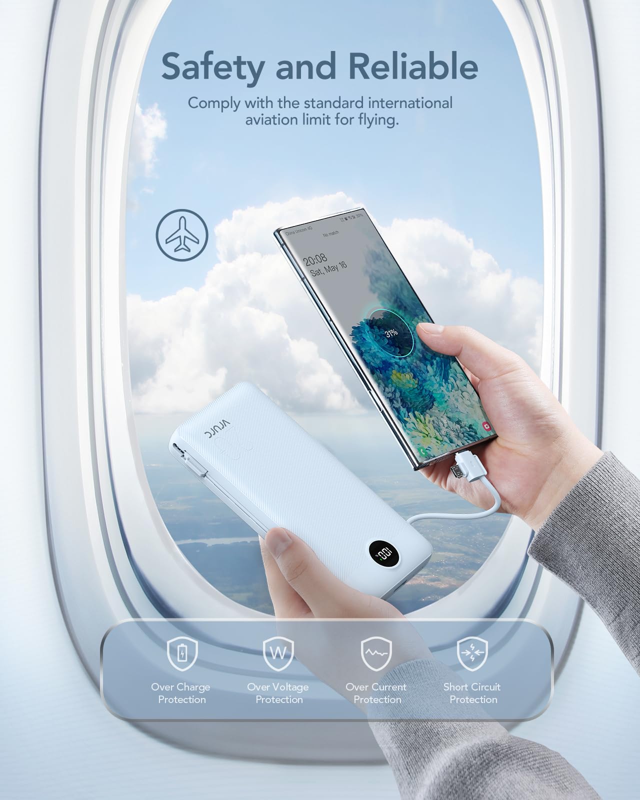 VRURC Power Bank 20000mAh, Fast Charging Portable Charger USB C,4 Output 2 Input Charging Bank Equipped with LED Display,Built-in Wall Plug and Cables,Cell Phone Replacement Battery,White