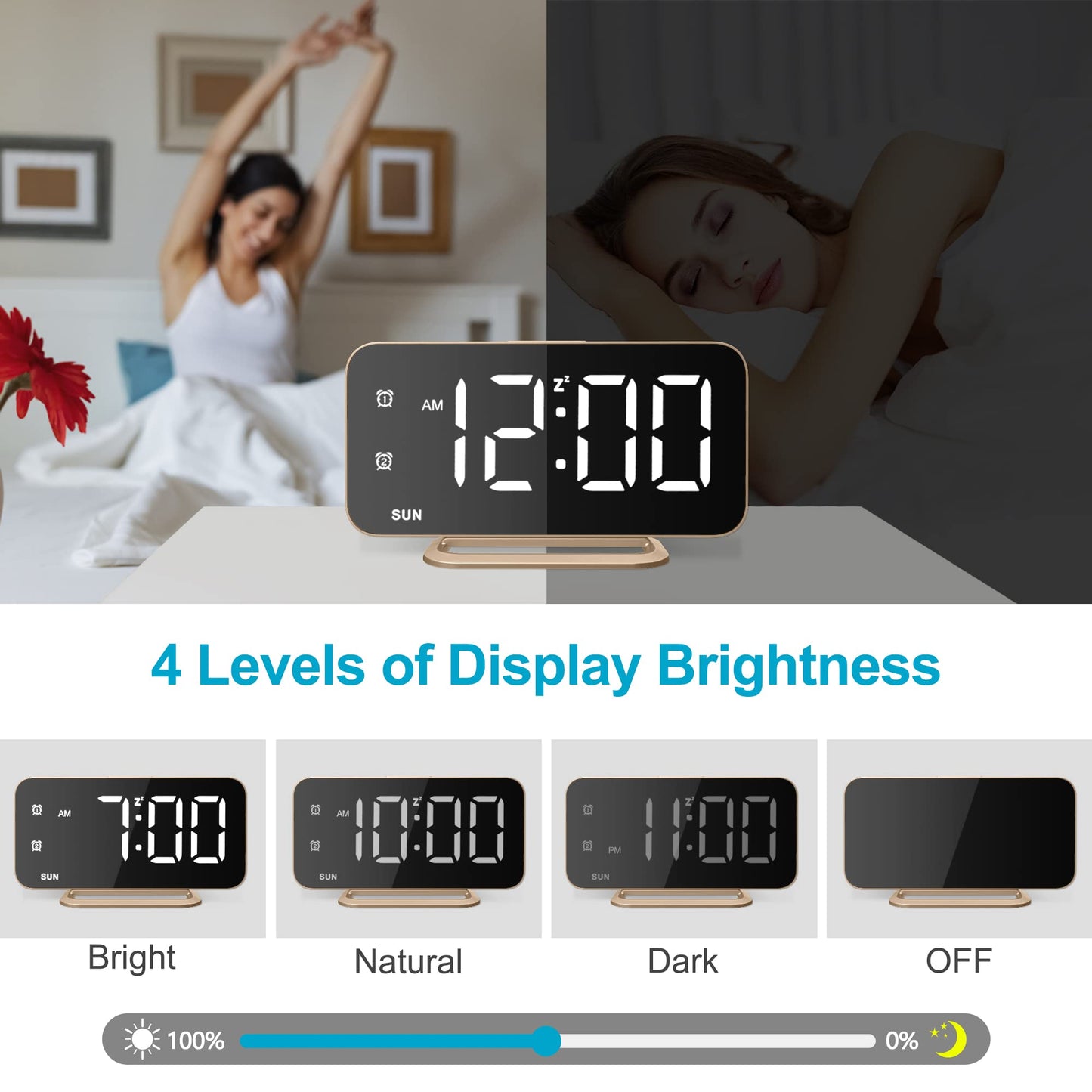 Slim LED Digital Alarm Clock, Mirror Surface for Makeup, with Diming, Large Display, Easy Setting, USB Ports, Modern Decor for Bedroom, Desk, Xmas, Birthday Gift for Women, Sister, Teen Girl, Silver