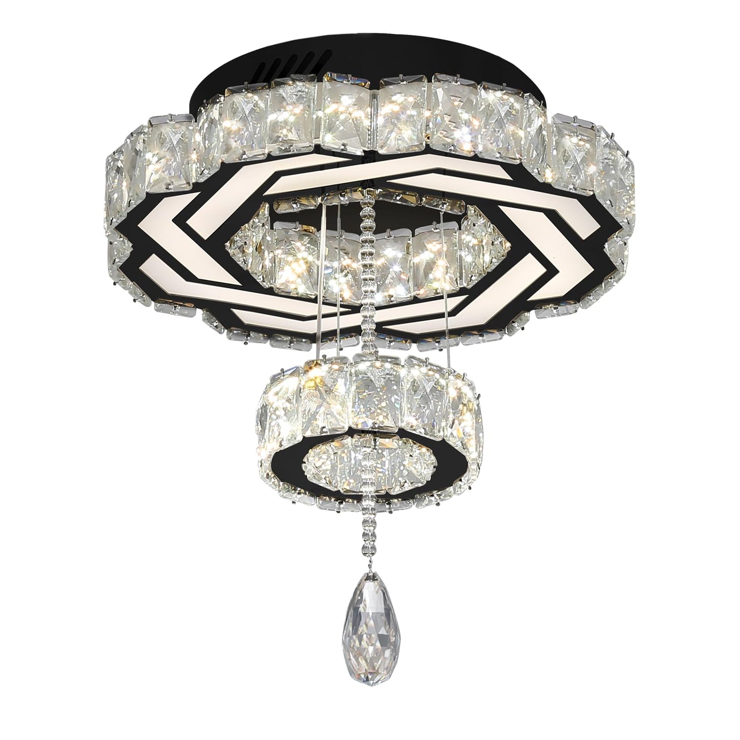 Flashing God Crystal Chandeliers Dia 32" Silver Elegant Chandelier Flush Mount Ceiling Light for Bedroom Living Room Dining Room Hallway Dimmable 3 Rings LED Celing Lighting Fixtures