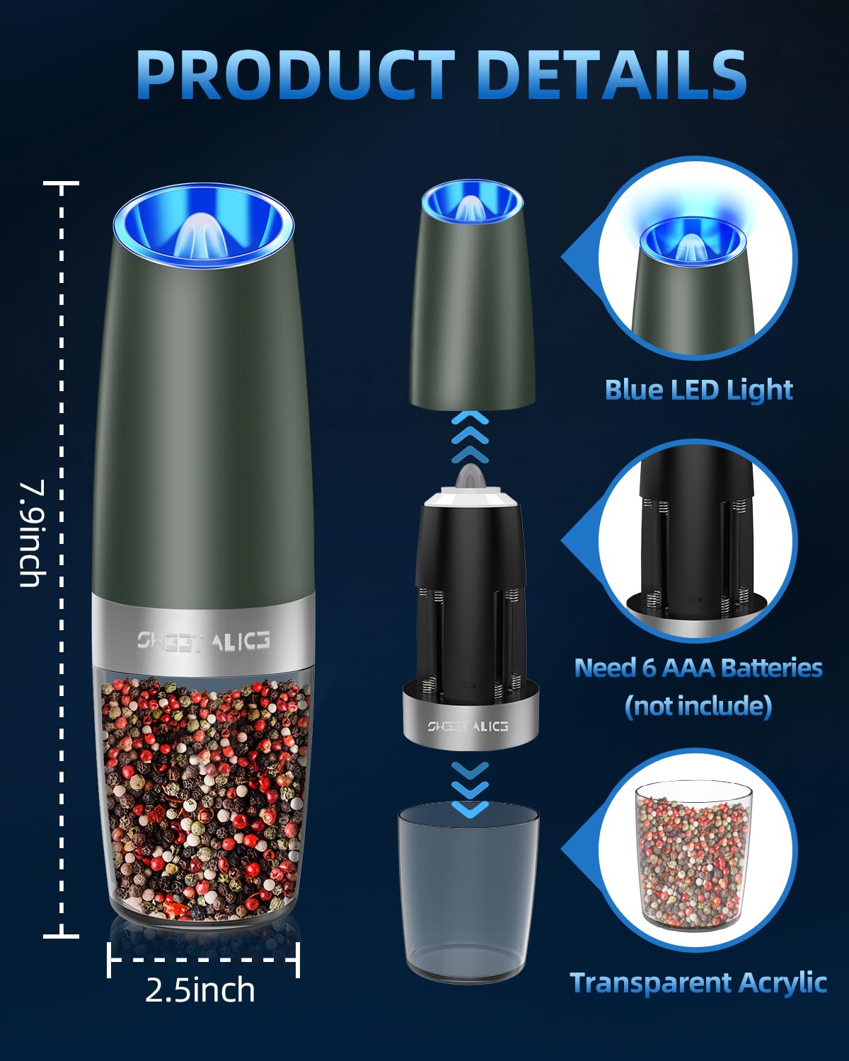 Gravity Electric Pepper and Salt Grinder Set, Salt and Pepper Mill & Adjustable Coarseness, Battery Powered with LED Light, One Hand Automatic Operation, Stainless Steel (Set/Silver)